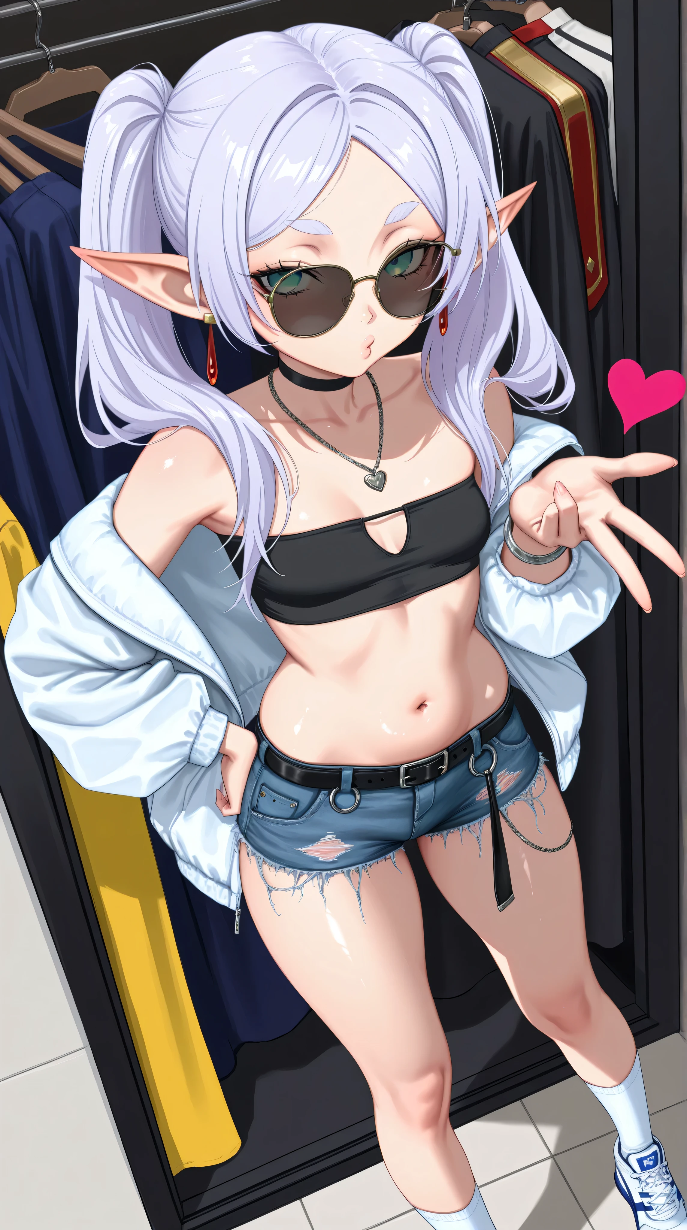 1girl,(frieren),sunglasses,green eyes,round face,elf,white hair,long hair,twintails,parted bangs,fashionable female,female focus,looking at viewer,dramatic angle,upper body,solo,small breasts,navel,midriff,thick lips,white jacket,black bandeau,unbuttoned,frayed denim shorts,white socks,sport shoes,off shoulders,belly chain,belt,hair ornament,heart-shaped earrings,silver bracelet,black choker,
indoor,clothing store,multiple clothes,small items on display,various accessories,jewelry,earrings,makeup,collarbone necklace,headpiece,
seductive smile)),blush,standing,hand on hip,V,blowing kiss,heart,puckered lips,o3o,
masterpiece,best quality,newest,highres,absurdres,very awa,shiny skin,nsfw,nude,Detail enhancement,[karasu_kame_x],[jonpei],j.k.,[masami_chie],nixeu,