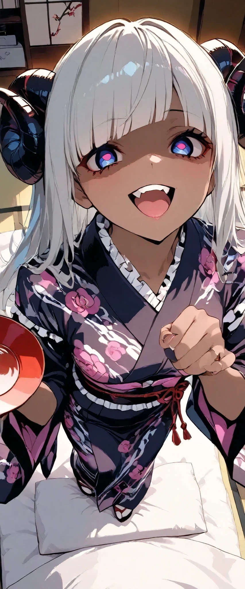 Ultimate SD Upscale, Hires.fix, 1girl , One picture, ecstasy、 composition from above, full body illustration, 26 years old, Front face, Gray Hair, double teeth, frill kimono, gothic punk, yandere, menhela, asymmetry bangs, swept bangs, blunt bangs, Japanese sake , Goat Horns、 Leaning on a futon、 cute room,half twin、sheep horns growing on a brown skinned woman and snake with a heart pattern in her eyes