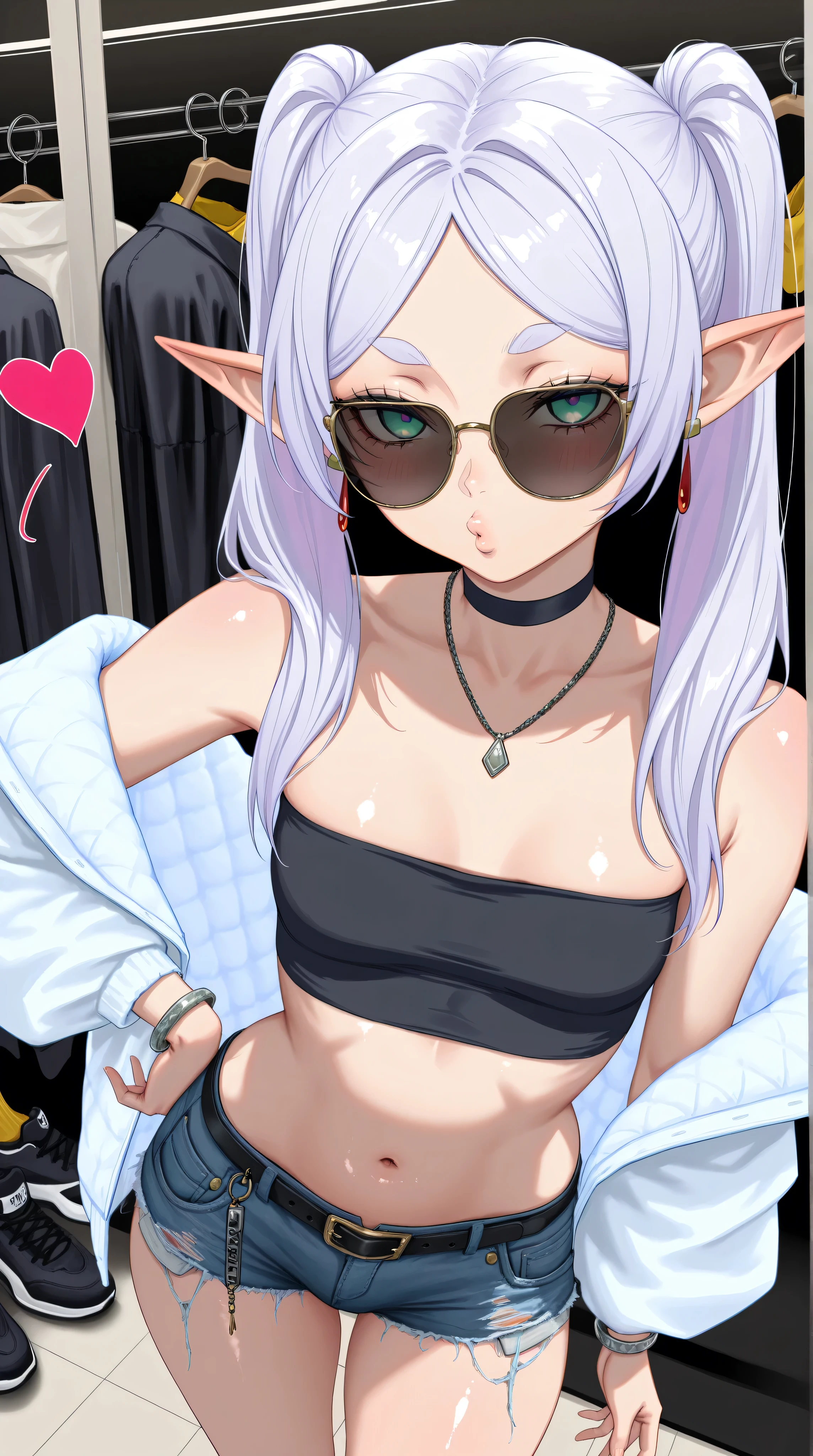 1girl,(frieren),sunglasses,green eyes,round face,elf,white hair,long hair,twintails,parted bangs,fashionable female,female focus,looking at viewer,dramatic angle,upper body,solo,small breasts,navel,midriff,thick lips,white jacket,black bandeau,unbuttoned,frayed denim shorts,white socks,sport shoes,off shoulders,belly chain,belt,hair ornament,heart-shaped earrings,silver bracelet,black choker,
indoor,clothing store,multiple clothes,small items on display,various accessories,jewelry,earrings,makeup,collarbone necklace,headpiece,
seductive smile)),blush,standing,hand on hip,V,blowing kiss,heart,puckered lips,o3o,
masterpiece,best quality,newest,highres,absurdres,very awa,shiny skin,nsfw,nude,Detail enhancement,[karasu_kame_x],[jonpei],j.k.,[masami_chie],nixeu,