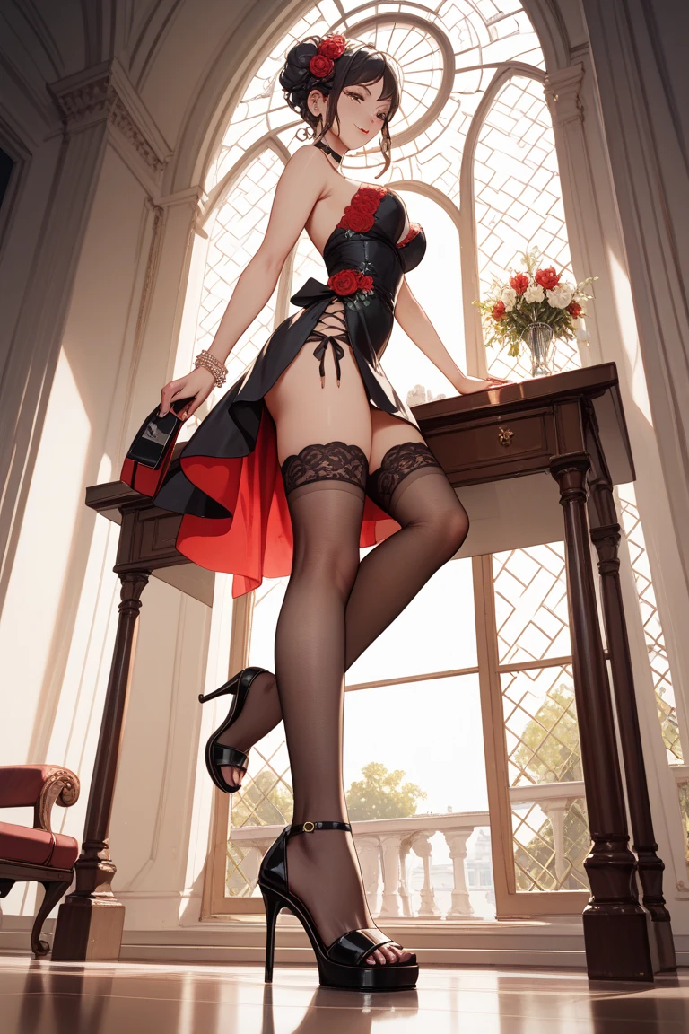 resident evil sexy ada wong, seductive, stockings, high heels, stilletoes, long gloves, choker, makeup, lipstick, full body shot, palace bedroom background