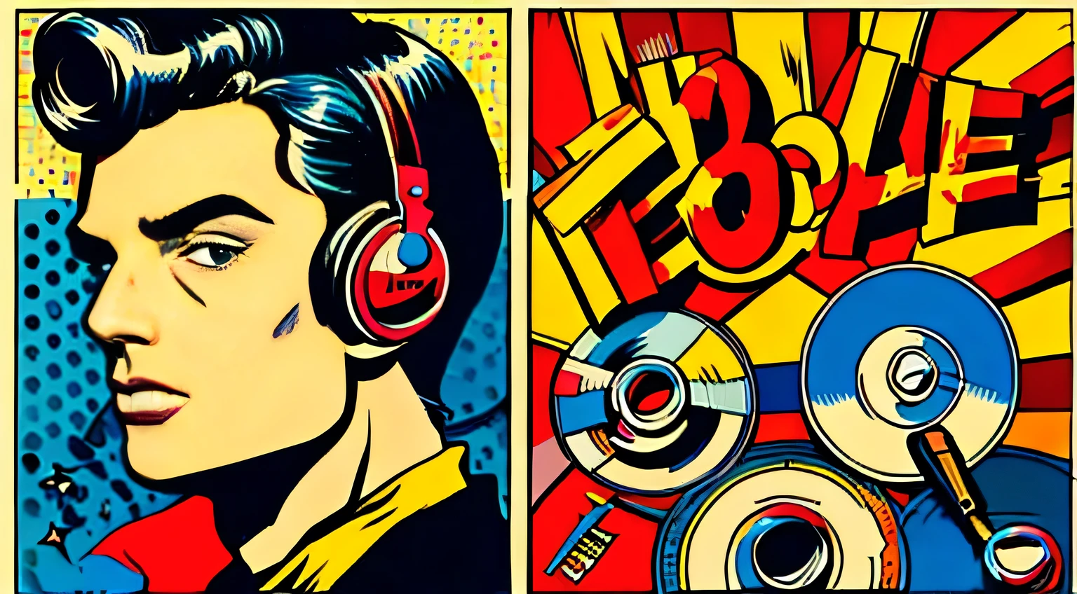 Pop art, Style Roy Lichtenstein, Andy Warhol, painter, full body, headphones, painting a vinyl record, looking at the vinyl record, background bright pop art sun