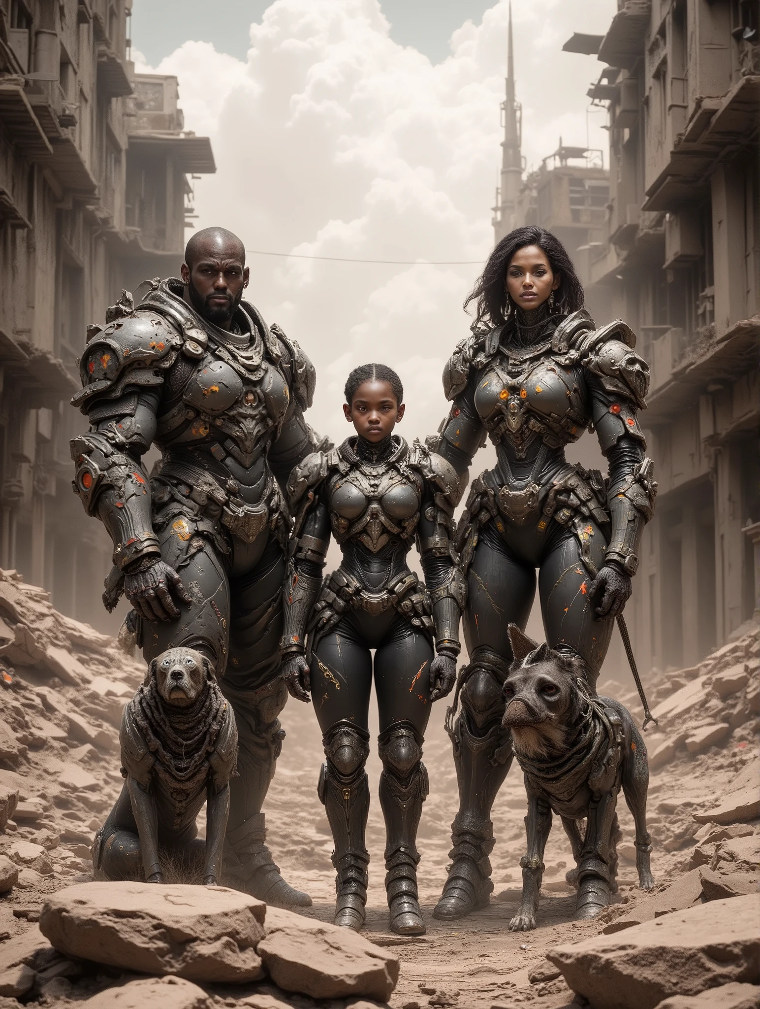 Cybernetic Family of a Black Man Woman girl boy and a dog, standing in the rubble of a building during the post apocalypse, daytime, ruined degraded buildings in the background, dust cloud in the background