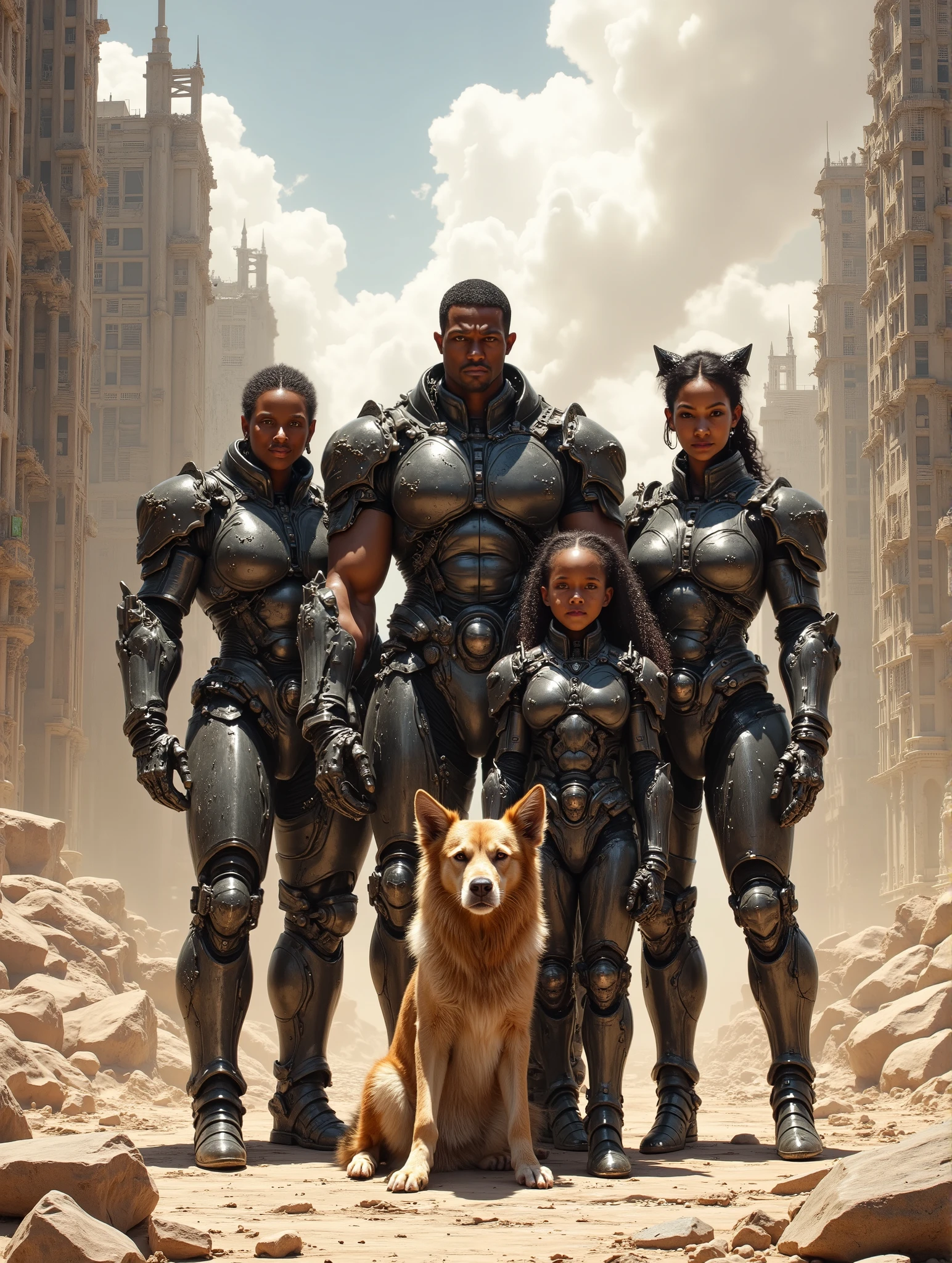 Cybernetic Family of a Black Man Woman girl boy and a dog, standing in the rubble of a building during the post apocalypse, daytime, ruined degraded buildings in the background, dust cloud in the background