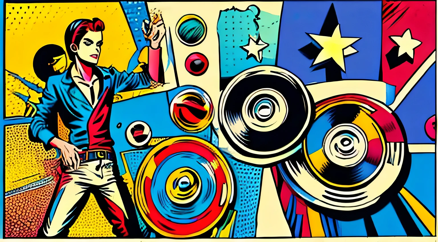 Pop art, Style Roy Lichtenstein, Andy Warhol, painter, full body, headphones, painting a vinyl record, looking at the vinyl record, background bright pop art sun