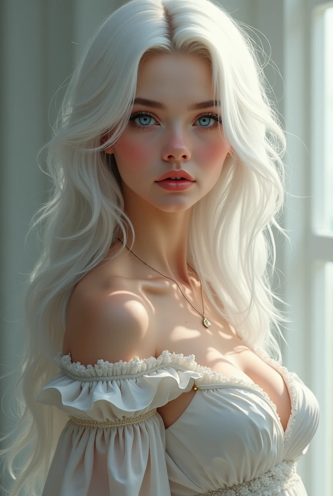 Best quality, masterpiece, ultra high res, (photorealistic: 1.4), raw photo, 1girl, off shoulder, cinematic lighting, kiss poses, heterochromia, white hair, white hair