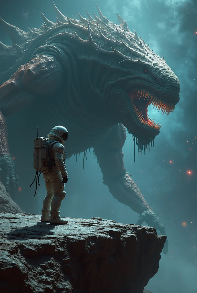A lone astronaut in a sleek, futuristic spacesuit standing on the edge ...