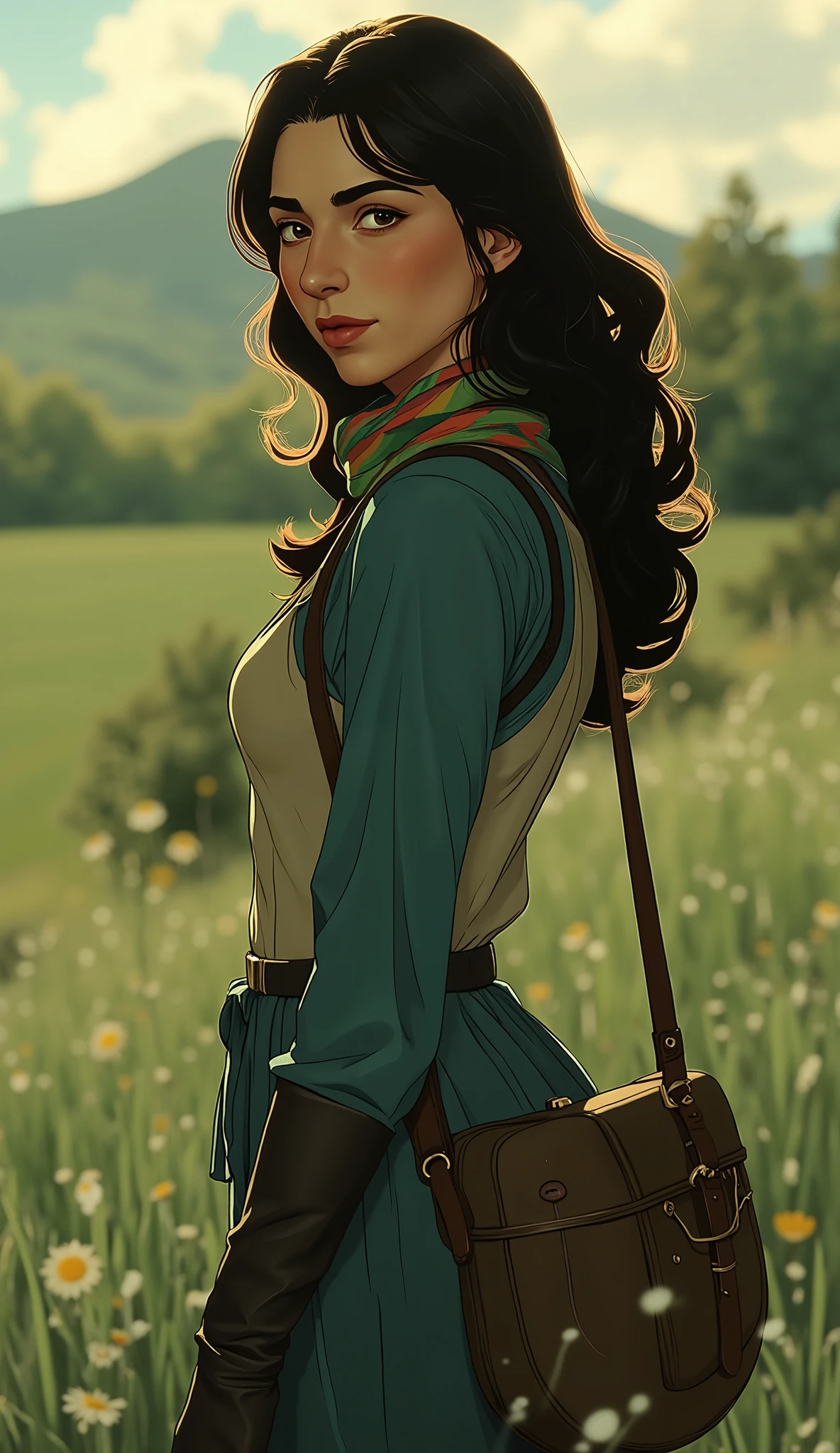 professional photo of Cascina Caradonna, CC woman, detailed skin, long hair, 4k, highly details, wearing blue Nausicaä of the Valley of the Wind outfit with gloves, baggy trousers and colorful loop scarf, deep depth of field, highly detailed, standing in a field of short grass with a canvas sling bag, (upper body portrait), d13s3lp2nk