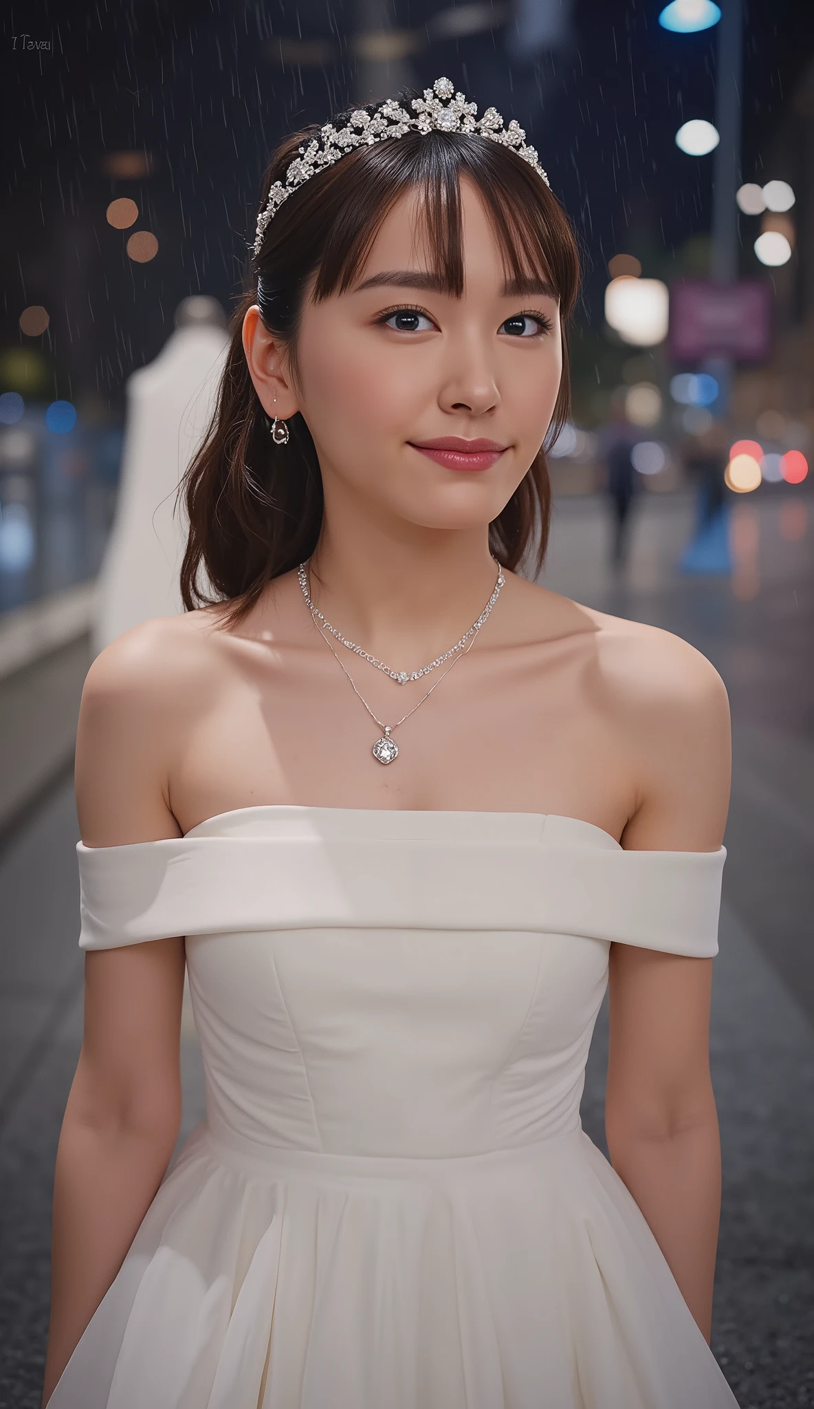 ((addielyn)), Random posture, (An extremely delicate and beautiful work), (masterpiece), 1girl, extremely detailed elegant wedding dress, tiara, highly detailed, ponytail contorted, charming expression, beautiful and clear eyes, green eye pupil, delicate necklace, delicate earrings, beautiful, charming, ultra-fine painting, delicate face, delicate figure, Fine collarbones, lovely lips, soft behind, mix4,(8k, RAW photo, best quality, masterpiece:1.2), (realistic, photo-realistic:1.37),1girl,cute,cityscape, night, rain, wet, professional lighting, photon mapping, radiosity, physically-based rendering, above waist, sweat skined:1.2, hyperrealistic skin detail, breast ((naked)), ((Best quality, 8k, Masterpiece :1.3)), 1girl, beautiful, soft breasts, Pretty woman with emphasizing slender abs :1.3, (Dark brown hair, Ponytail, Huge breasts :1.2), 1girl, beautiful woman with emphasis on slim abs: 1.3, (casual hairstyle, big breasts: 1.2), (full body:1.6), ultra-detailed face, delicate eyes, double eyelids, soft breasts, smile, cute moles under left eyes,