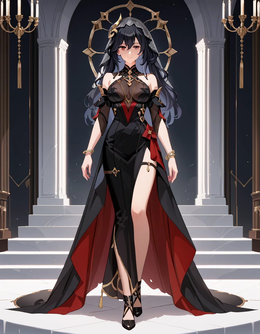 Masterpiece, Needle, 1lady, Beautiful, Black Hair, {Red iris}, Black Forest, Firelight, Ackenberg Diamonds, Contempt, Regal Clothes, Highlight Your Hair, Gold Fussy Trim, Chain, tight Black Dress, standing, full body, medium breasts