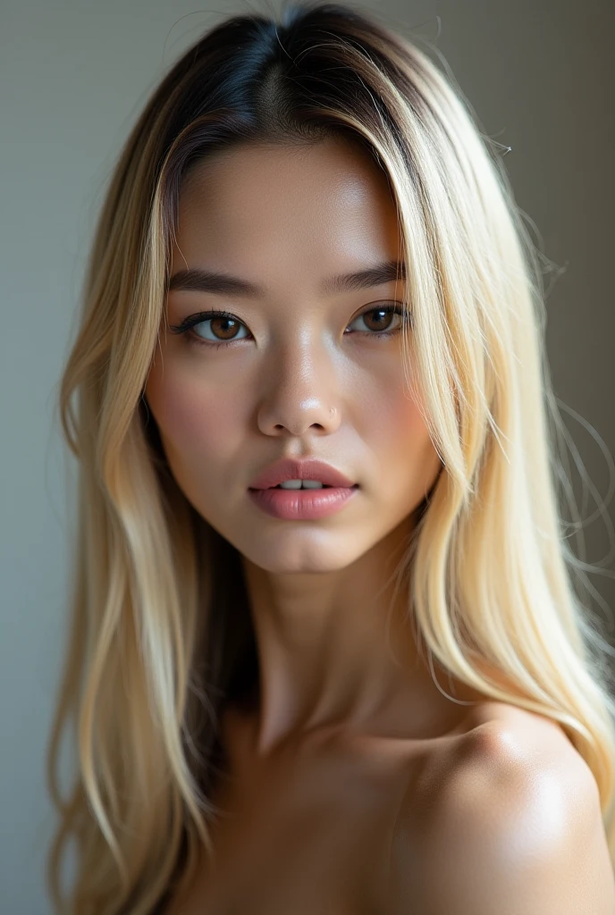 an eye contact of a blond with shoulder length hair and dark theme. Naked, Half American half Asian. Full body picture