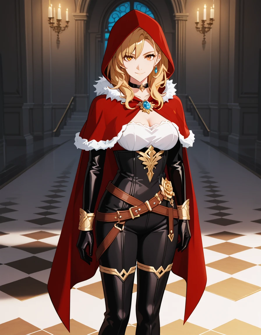 score_6_up, score_5_up, score_4_up, score_9, score_8_up, score_7_up, highly detailed, anime_source, anime_screencap, anime coloring, 1girl, solo, breasts, looking at viewer, smile, blonde hair, gloves, jewelry, earrings, choker, elbow gloves, hood, hood down, medium hair, cape, orange eyes, fur trim, black choker, red cape, gina_solo, BREAK indoors, BREAK looking at viewer, 1girl, solo, full body, BREAK (masterpiece:1.2), best quality, high resolution, unity 8k wallpaper, (illustration:0.8), extremely detailed face, perfect lighting, extremely detailed CG, (perfect hands, perfect anatomy), cowboy shot, smile