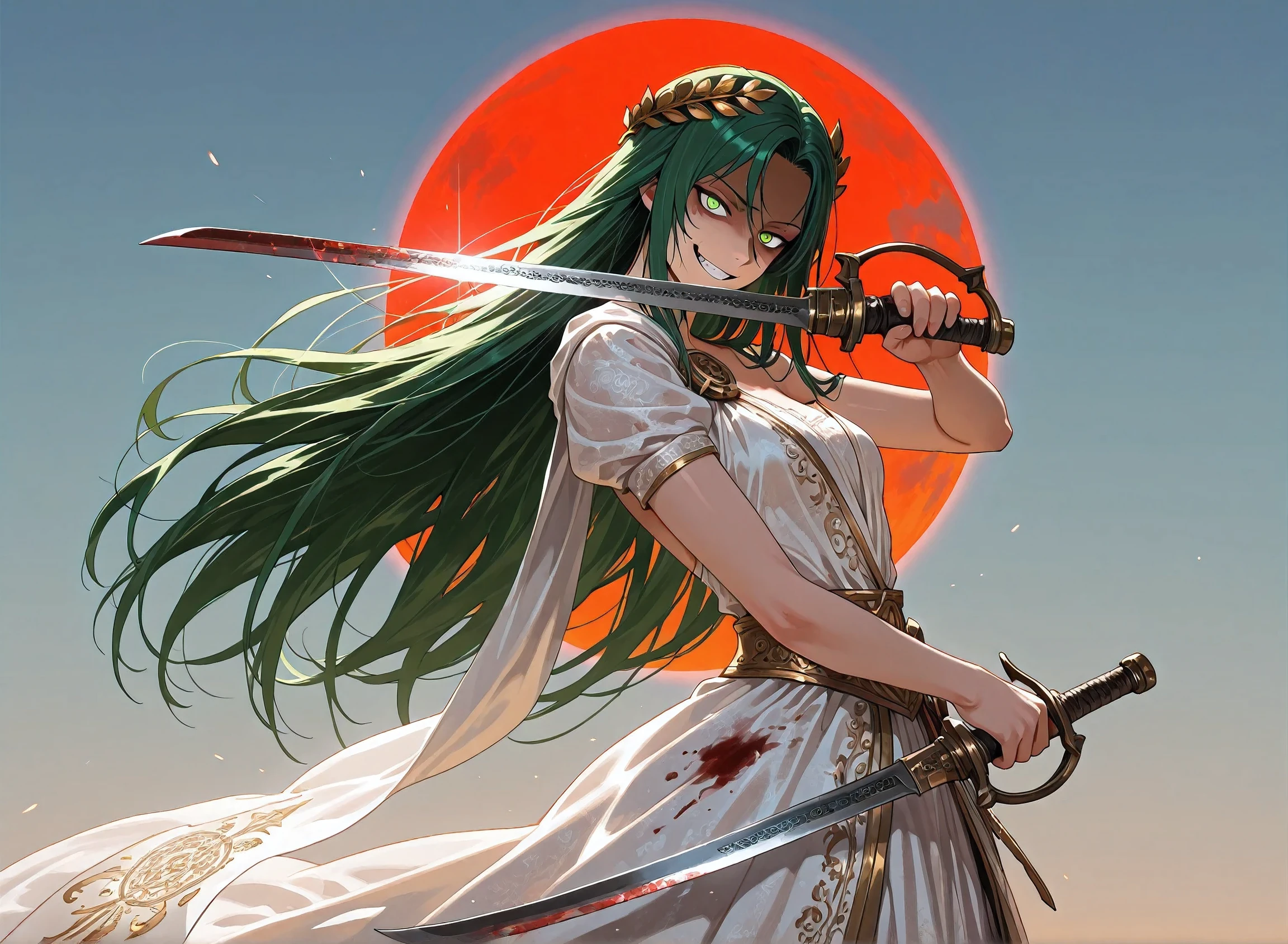 (upper body shot, close up shot, solo:1.5),magic circle,magic array, detailxl, Anime illustration, detailed anime artstyle, cinematic, volumetric lighting, clear sky, evening, cold light, colorful, light reflection, (head tilt, looking over her shoulder, teasing, death glare, death stare, flirty, romantic, princess clothes, french, musketeer, royalty, sultry, (standing, dynamic pose:1.1):1.5), (glaring at viewer, side eye side profile, from the side, looking up, head tilted upwards:1.2), fotoshoot, model, (1girl:1.18), mature, chaos warrior, adolescent, detailed skin, extremely detailed eyes, dynamic pose, dual wielding \(cross\), aura swords, green hair, very long hair, messy hair, hair flowing in the wind, green eyes, golden eyes, long hair, crazy smile, yandere, gesugao, tsurime, white royal dress, greek dress, black and gold trimming, black and gold lining, laurel crown, french dress, blood stained clothes, bloody sun, red sun, warrioress, goddess, god of war, bringer of destruction, small breasts, array of swords, dual wielding, wielding swords