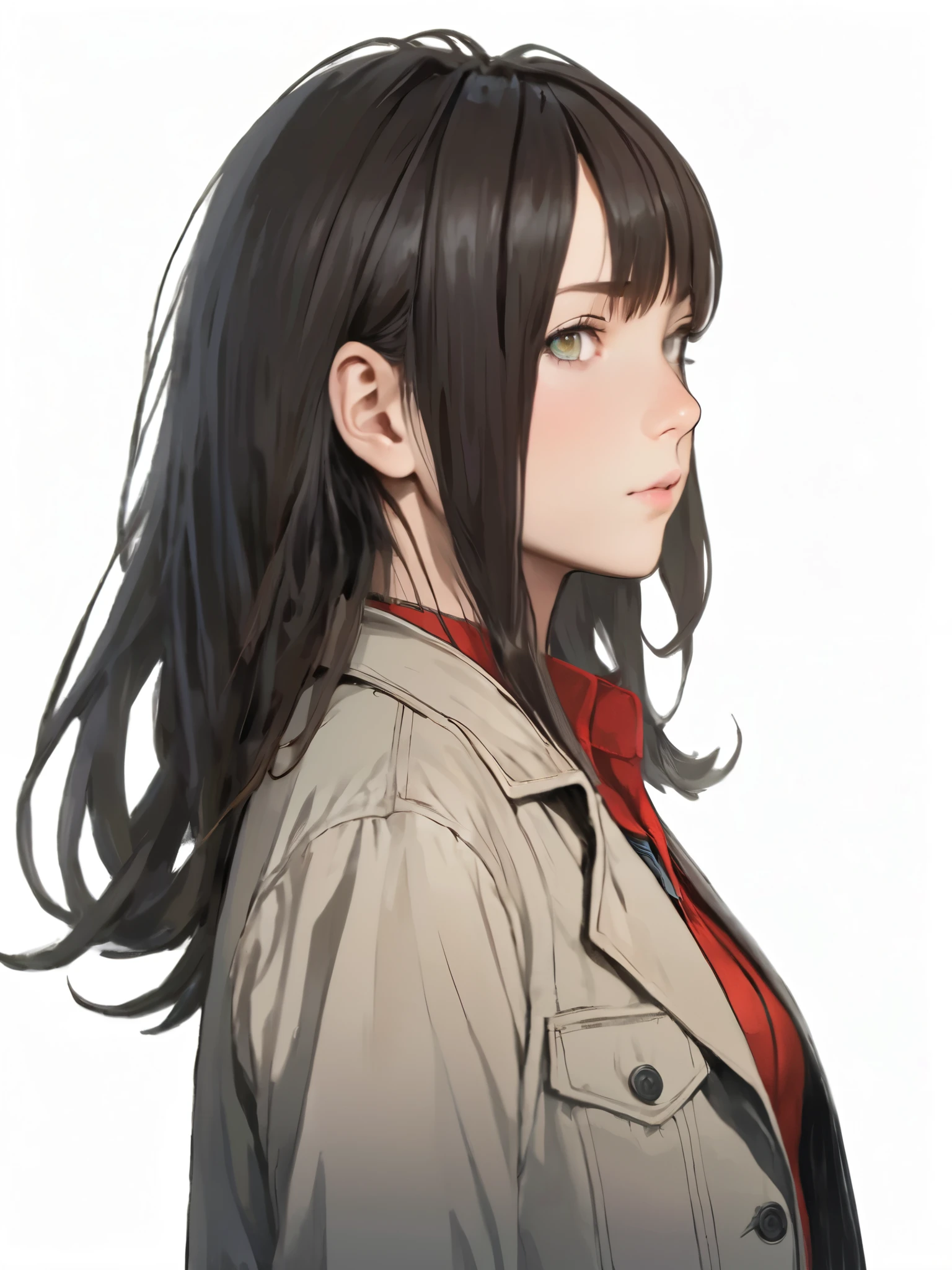 kurisu makise steins gate anime, atmospheric, elegant portrait, super highly detailed, professional digital painting, artstation, concept art, 8k, art by wlop, artgerm and alphonse mucha and eiichiro oda shinkai makoto vibrant Studio ghibli kyoto animation hideaki anno Sakimichan Stanley Artgerm Lau Rossdraws James Jean Marc Simonetti, 1 standing girl seen in profile, short black_hair, no background, green_eyes, blushing, lips, front view,, red leather jacket, jeans, converse sneakers,, button_gap, buttons, t-shirt, coll print on shirt, side view, looking to the side, profile shot, full body, (full body), middle distance