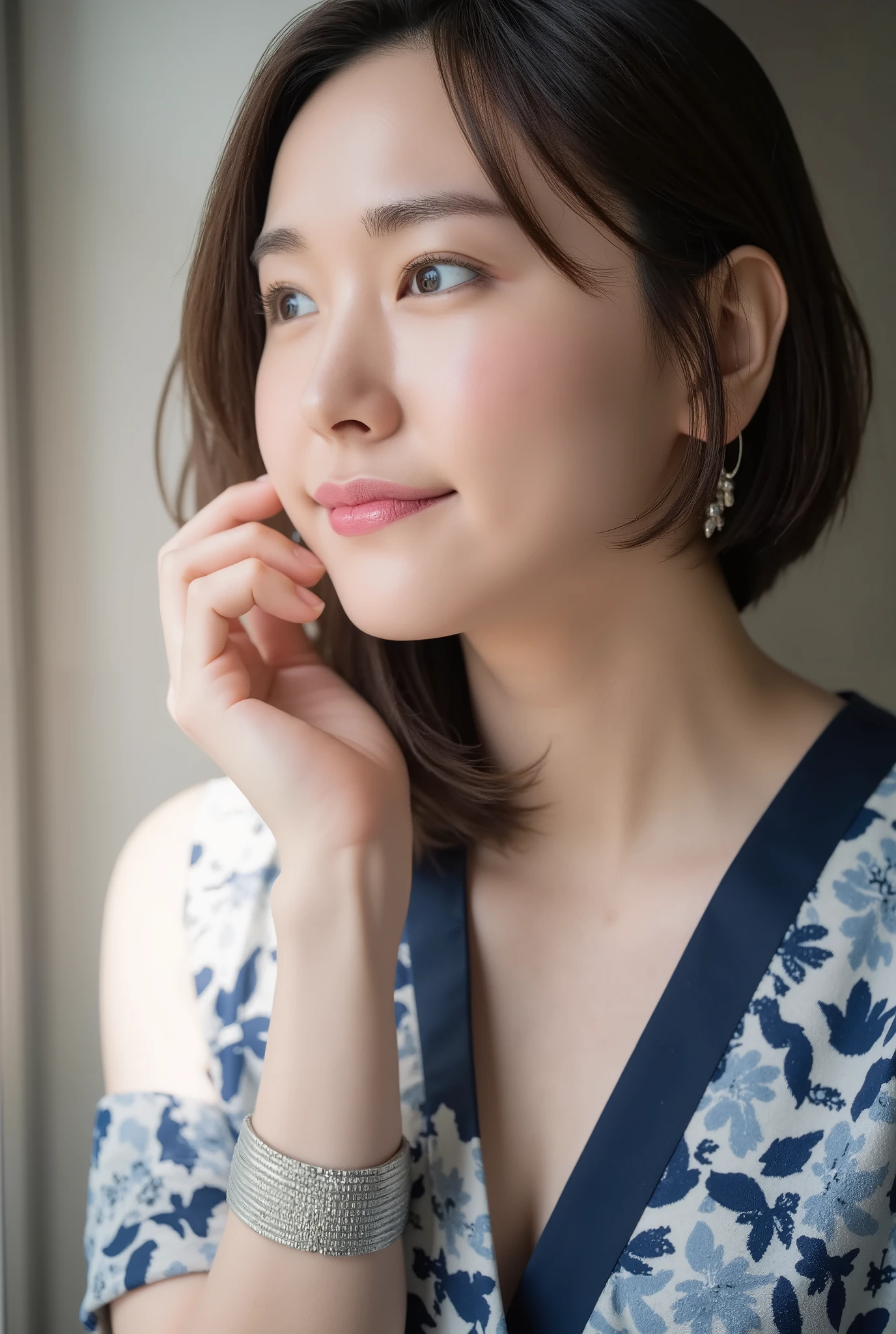 Best quality, 8k, Masterpiece :1.3)), 1girl, beautiful woman with emphasis on slim abs: 1.3, (casual hairstyle, big breasts: 1.2), (full body:1.6), ultra-detailed face, delicate eyes, double eyelids, soft breasts, smile, diamond choker necklace, jewely, exposed cleavage, her face, realistic, detailed skin, extreme light and shadow, wearing kimono Japanese summer festival, wearing hair ribbon best quality, (in japanese shrine:1.5), (realistic, photorealistic: 1.37), extreme light and shadow, disheveled hair, master work, rich details, (fine facial features), (highest quality photo), (masterpiece), (detailed eyes), look in front of you eyes, incredibly cute under eye moles, necklace, earring best quality, Japanese woman, large breasts, very short bob hair,upper body, A beautiful woman with perfect body:1.4, Slim abdomen:1.2,st. louis \(luxurious wheels\)