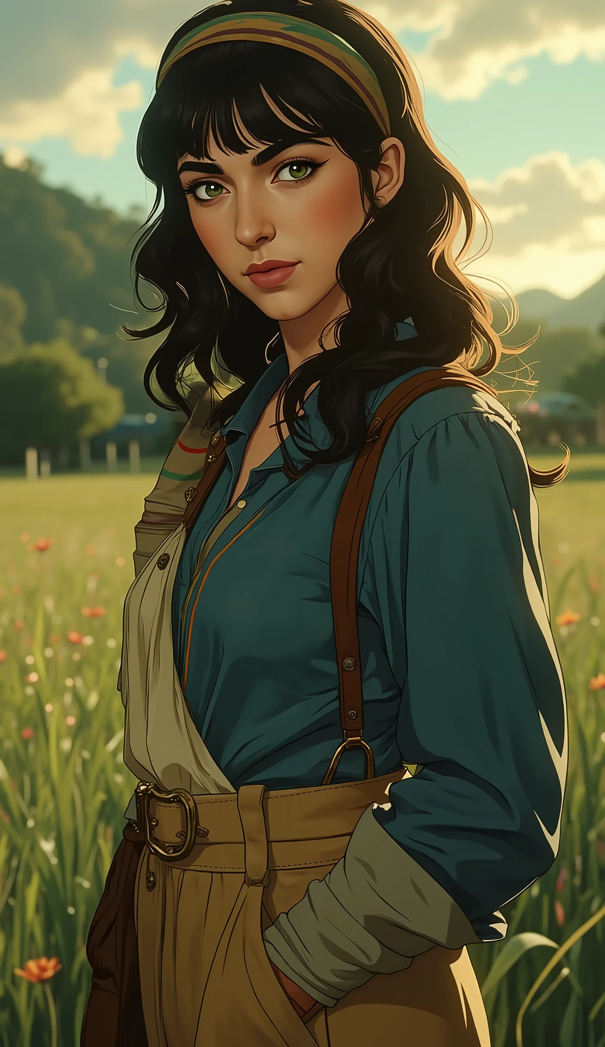 professional photo of Cascina Caradonna, CC woman, detailed skin, long hair, 4k, highly details, wearing blue Nausicaä of the Valley of the Wind outfit with gloves, baggy trousers and colorful loop scarf, deep depth of field, highly detailed, standing in a field of short grass with a canvas sling bag, (upper body portrait), d13s3lp2nk