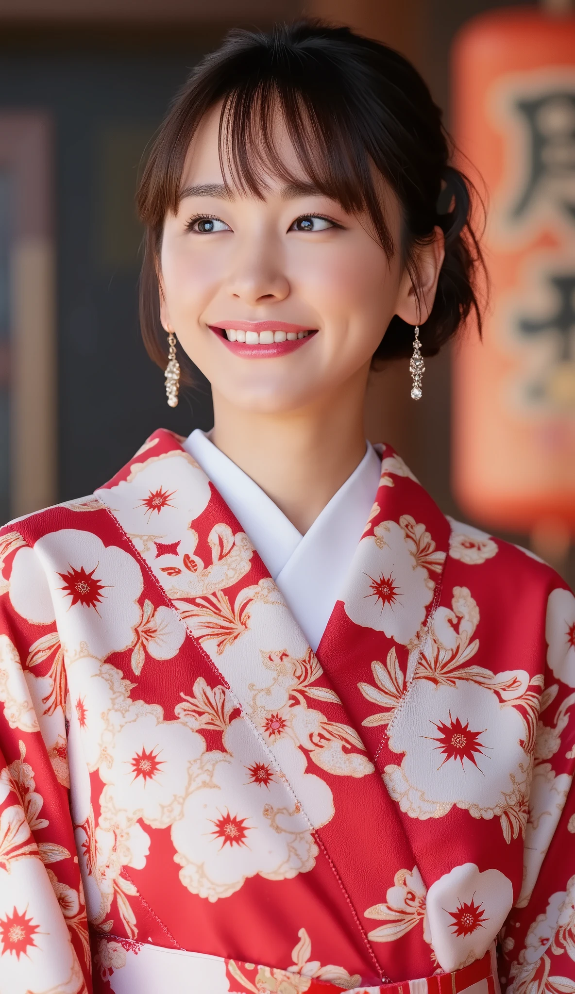 Best quality, 8k, Masterpiece :1.3)), 1girl, beautiful woman with emphasis on slim abs: 1.3, (casual hairstyle, big breasts: 1.2), (full body:1.6), ultra-detailed face, delicate eyes, double eyelids, soft breasts, smile, diamond choker necklace, jewely, exposed cleavage, her face, realistic, detailed skin, extreme light and shadow, wearing kimono Japanese summer festival, wearing hair ribbon best quality, (in japanese shrine:1.5), (realistic, photorealistic: 1.37), extreme light and shadow, disheveled hair, master work, rich details, (fine facial features), (highest quality photo), (masterpiece), (detailed eyes), look in front of you eyes, incredibly cute under eye moles, necklace, earring best quality, Japanese woman, large breasts, very short bob hair,upper body, A beautiful woman with perfect body:1.4, Slim abdomen:1.2,st. louis \(luxurious wheels\)