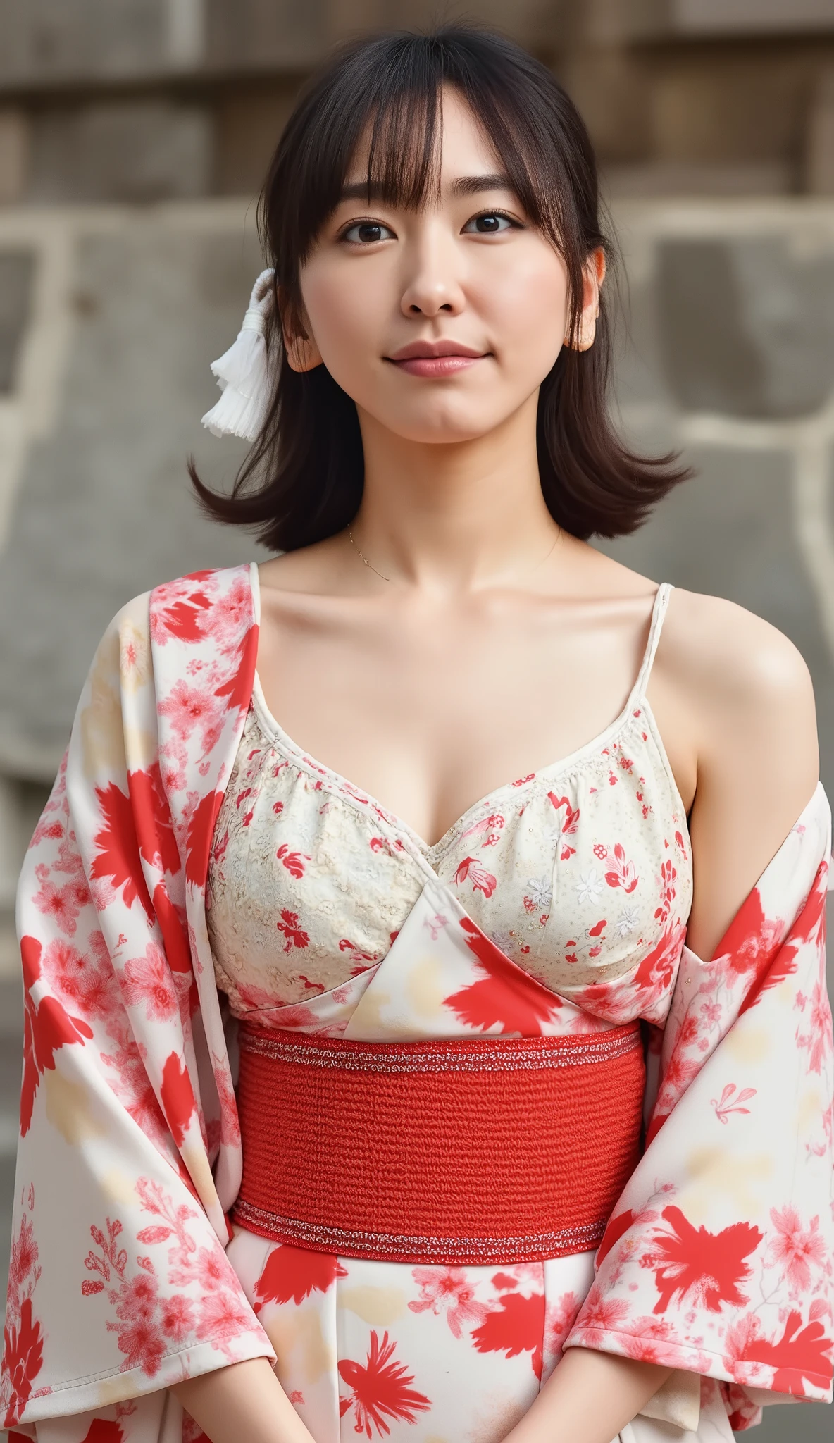 Best quality, 8k, Masterpiece :1.3)), 1girl, beautiful woman with emphasis on slim abs: 1.3, (casual hairstyle, big breasts: 1.2), (full body:1.6), ultra-detailed face, delicate eyes, double eyelids, soft breasts, smile, diamond choker necklace, jewely, exposed cleavage, her face, realistic, detailed skin, extreme light and shadow, wearing kimono Japanese summer festival, wearing hair ribbon best quality, (in japanese shrine:1.5), (realistic, photorealistic: 1.37), extreme light and shadow, disheveled hair, master work, rich details, (fine facial features), (highest quality photo), (masterpiece), (detailed eyes), look in front of you eyes, incredibly cute under eye moles, necklace, earring best quality, Japanese woman, large breasts, very short bob hair,upper body, A beautiful woman with perfect body:1.4, Slim abdomen:1.2,st. louis \(luxurious wheels\)