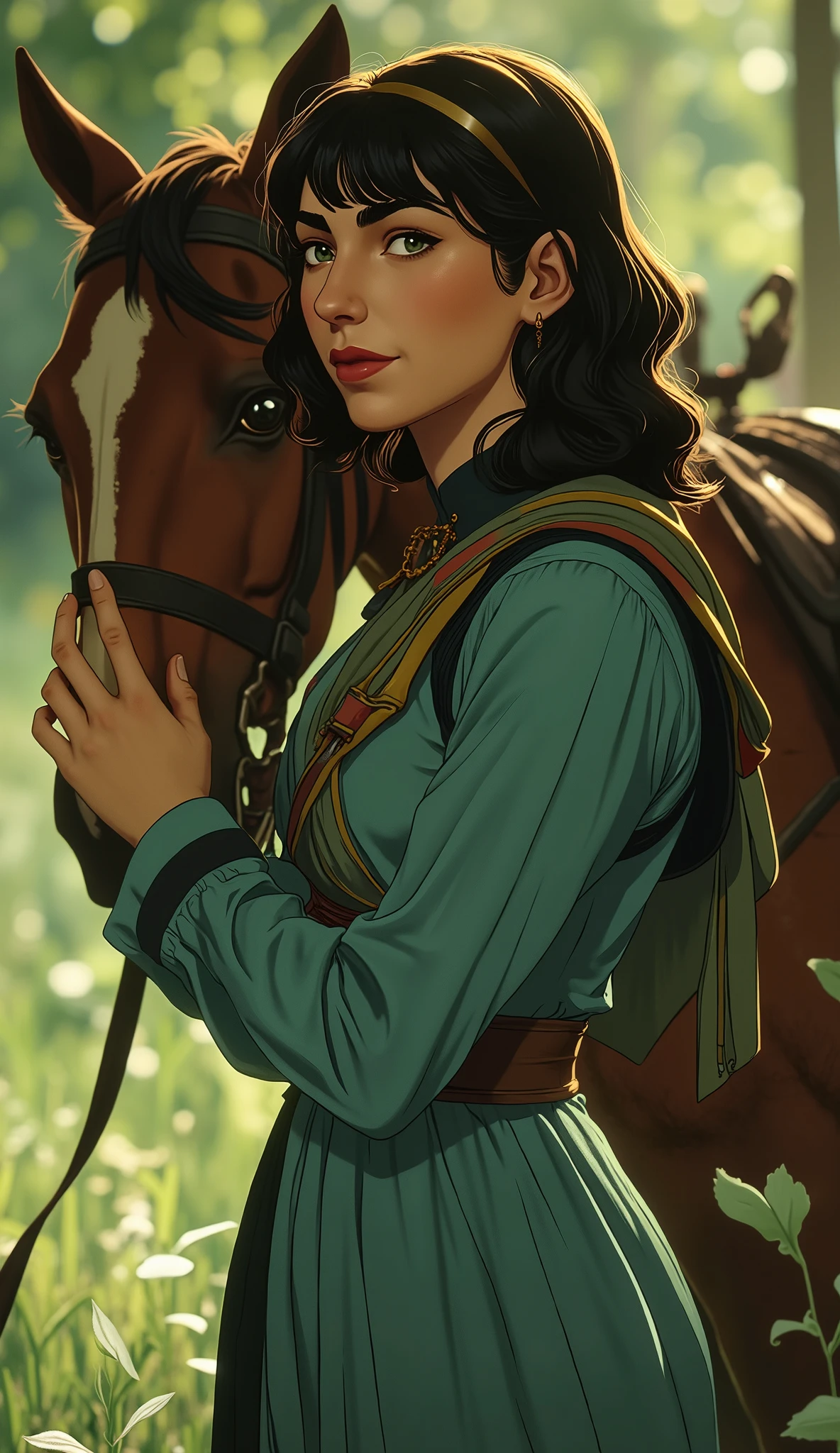 professional photo of Cascina Caradonna, CC woman, detailed skin, long hair, 4k, highly details, wearing blue Nausicaä of the Valley of the Wind outfit with gloves, baggy trousers and colorful loop scarf, deep depth of field, highly detailed, standing in a field of short grass holding a horse on reins, (upper body portrait), d13s3lp2nk