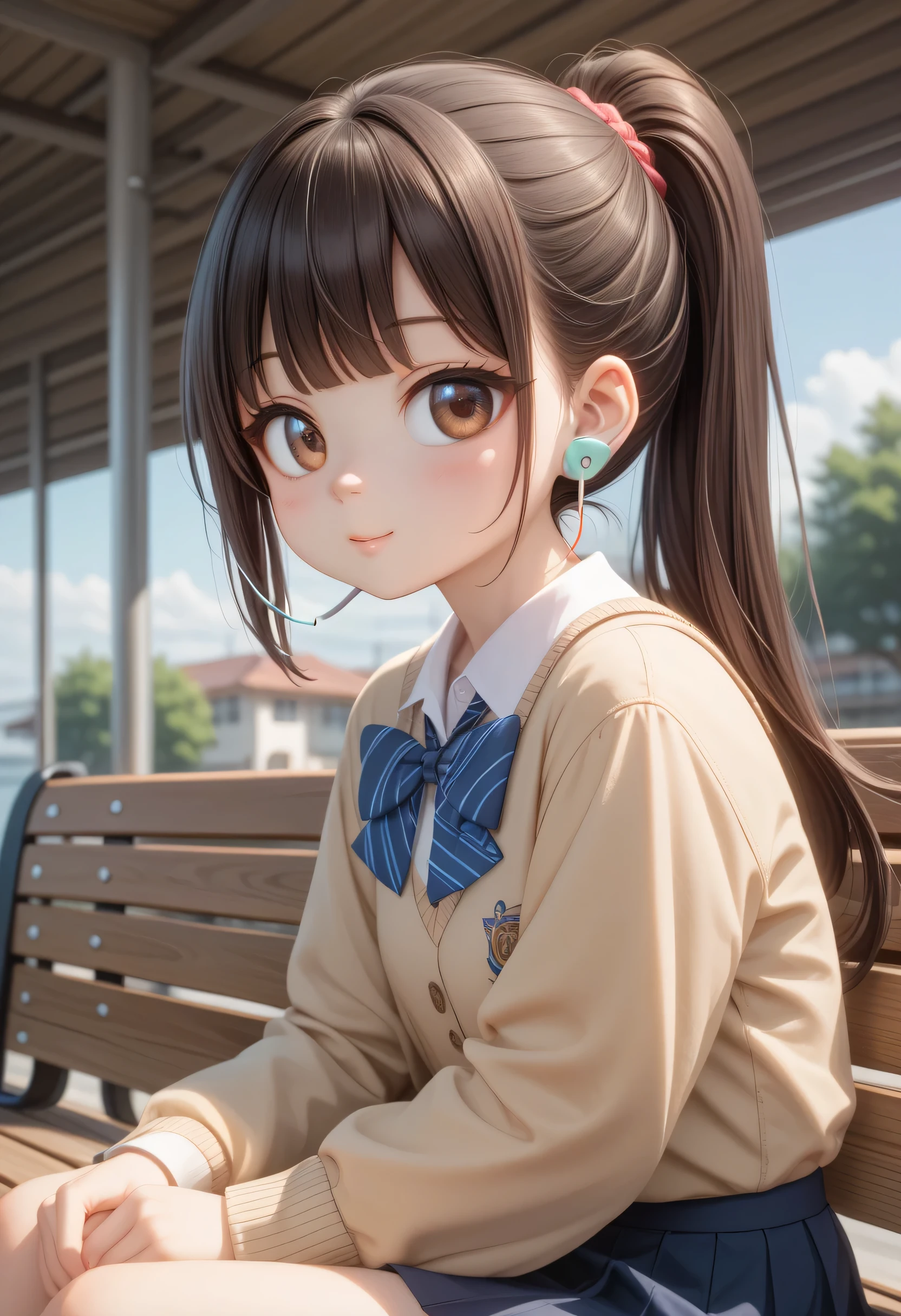 #Quality(8k、best image quality、best image quality、masterpiece、Cinematic)、solo、# 1 Girl (cute、cute、Tiny s、under black hair、Please draw brown hair、ponytail hair、long hair、brown eyes、big eyes、sit on a bench、where you can see one-third of your body {x} carefully、Earphones、JK、 high 、Looking away、boredom)、#background(Station of the Future)、Long Shots、wide shot、 from side