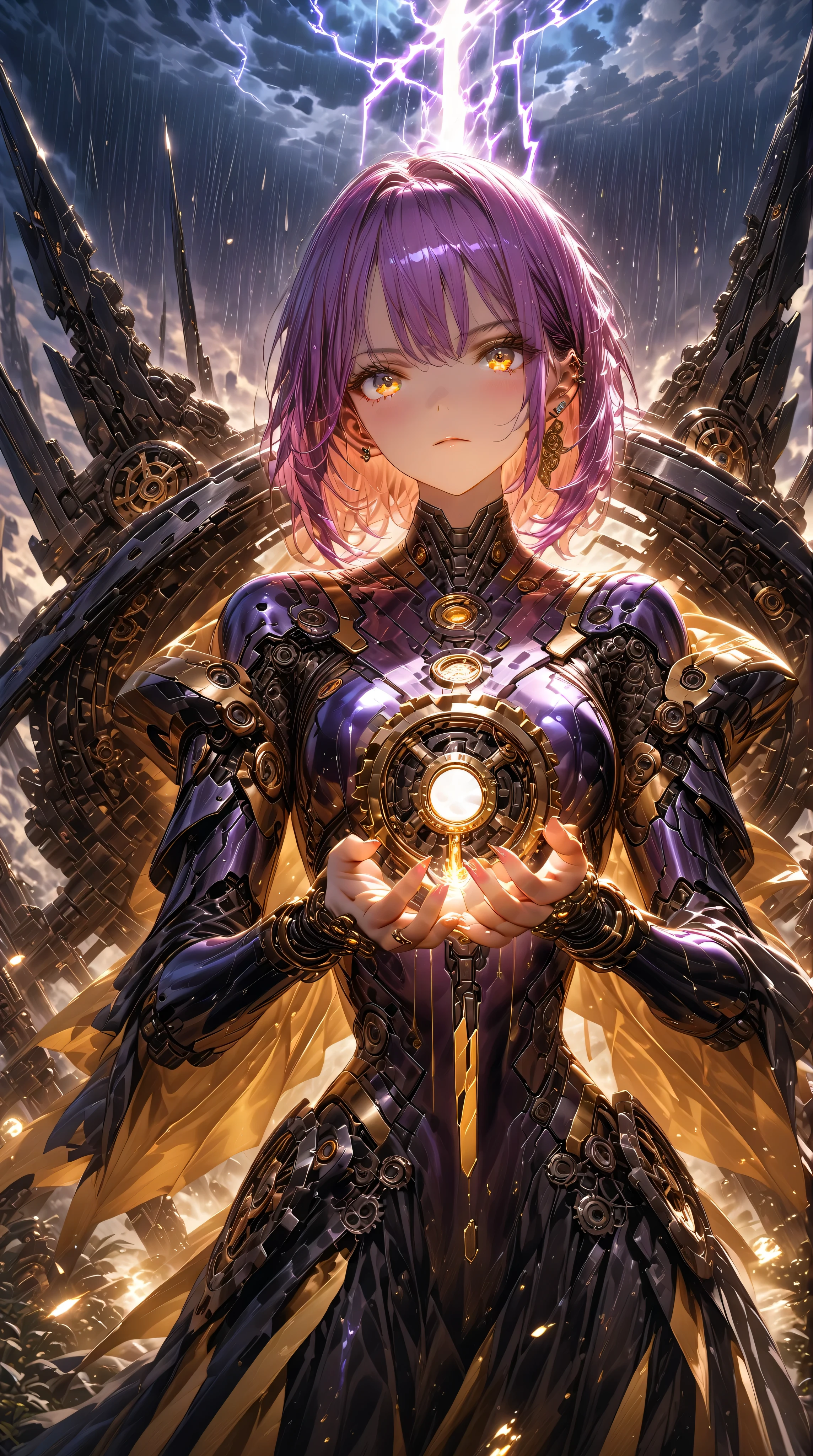 ((masterpiece, high image quality ,8k)),(( very detailed ,perfect picture)),(perfect anatomy),(ultra detailed), robot woman,Machine Body,((small golden wheel,holds wheels in the palm of her hand)),(classic iron wheel),(thunder),( purple sky),Mythical,(mechanical wheel),(6Lightning in the book),purple celtic costume,((night,In the Storm)),heavy rain, black clouds,(blunt ends),very short hair,golden eyes,expressionless