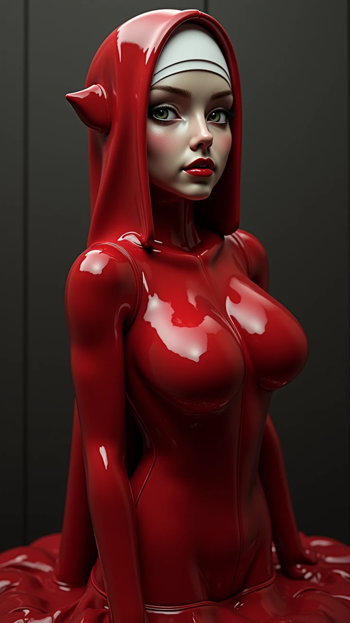 nude、Cybernetic woman, A perfectly sculpted whole body, Realistic, (large and perfect breasts), Neckline, 3d, Wearing a hood and cape on his head, Red visor on right eye, anime style 3d, ultra Realistic, High resolution,  