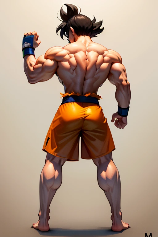 (Eine detaillierte Zeichnung von gohan, Bodybuilding-Fitnessstudio.), with a bare torso, huge muscular body, Big Bizeps, Big shoulders, Muskelbeine,Abs, Barefoot, The most muscular pose, Back muscles, in der turnhalle, Gewichte heben, ernster Gesichtsausdruck, teeth showing