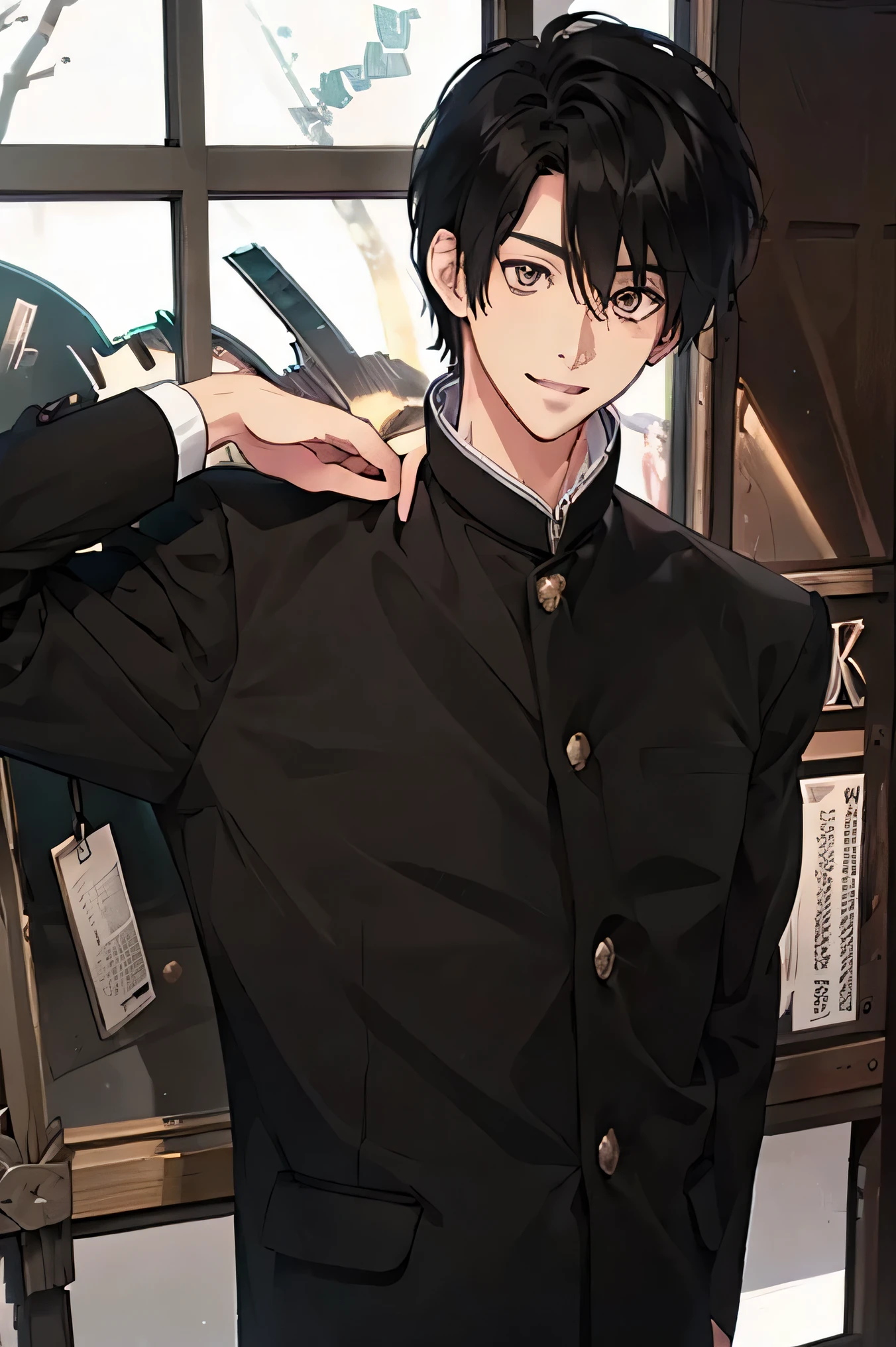 Japanese man handsome short dark hair mature short cropped smile The black Gakuran jacket has a black padded collar 5 gold buttons on jacket In a bright classroom Snow Outside the Window