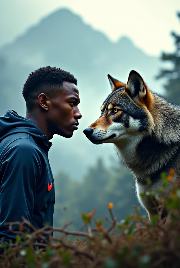 Handsome black man with wolf at his side hugging