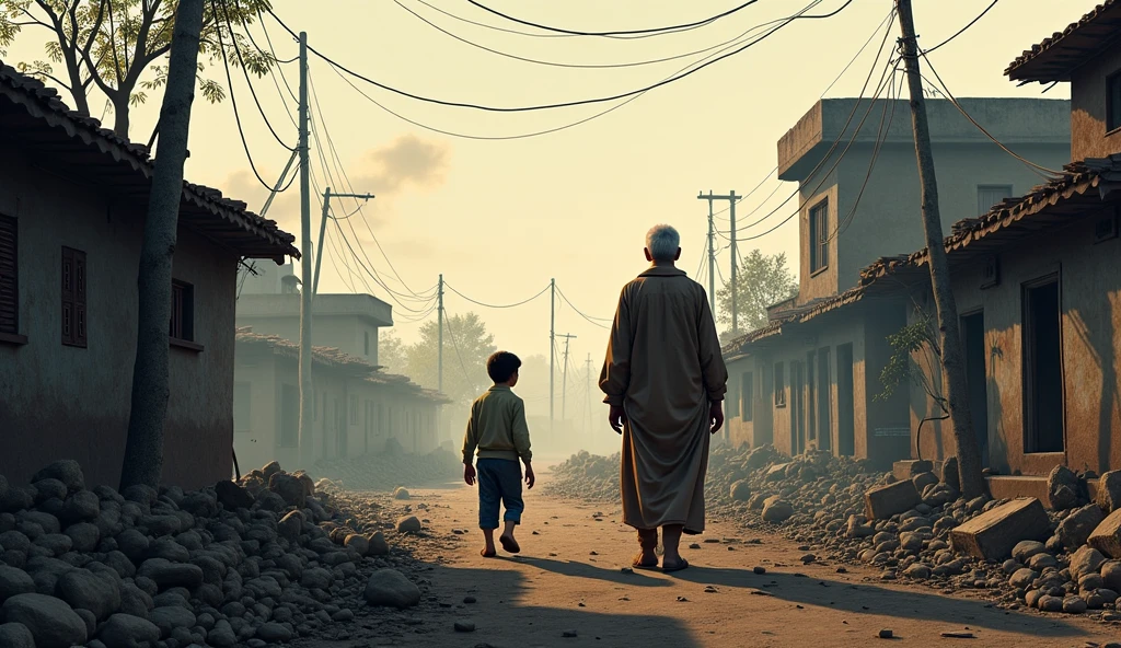 a asian muslim mother holding a bamboo stick chasing her small asian muslim child with an angry face. The mother from back chase the boy. , the boy running away with fear face, detailed facial features, dramatic lighting. Running effect, cinematic composition, moody atmosphere, high contrast, photorealistic, award winning photograph, 8k, HDR. 1980 timeline