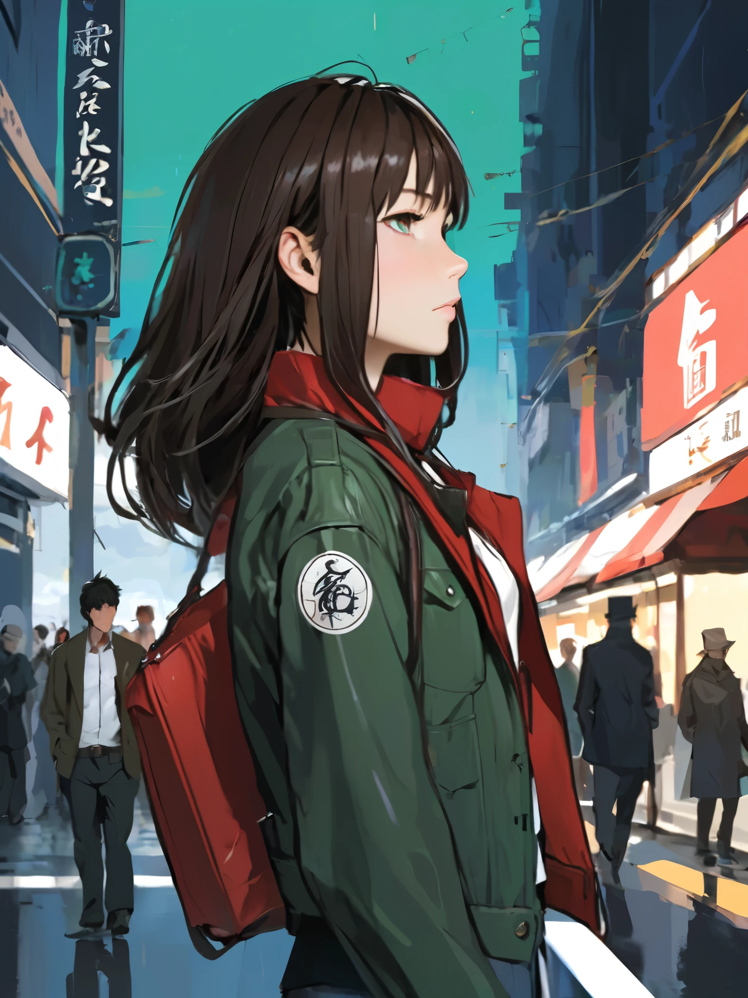 kurisu makise steins gate anime, atmospheric, elegant portrait, super highly detailed, professional digital painting, artstation, concept art, 8k, art by wlop, artgerm and alphonse mucha and eiichiro oda shinkai makoto vibrant Studio ghibli kyoto animation hideaki anno Sakimichan Stanley Artgerm Lau Rossdraws James Jean Marc Simonetti, 1 standing girl seen in profile, short black_hair, no background, green_eyes, blushing, lips, front view,, red leather jacket, jeans, converse sneakers,, button_gap, buttons, t-shirt, coll print on shirt, side view, looking to the side, profile shot, full body, (full body), middle distance
