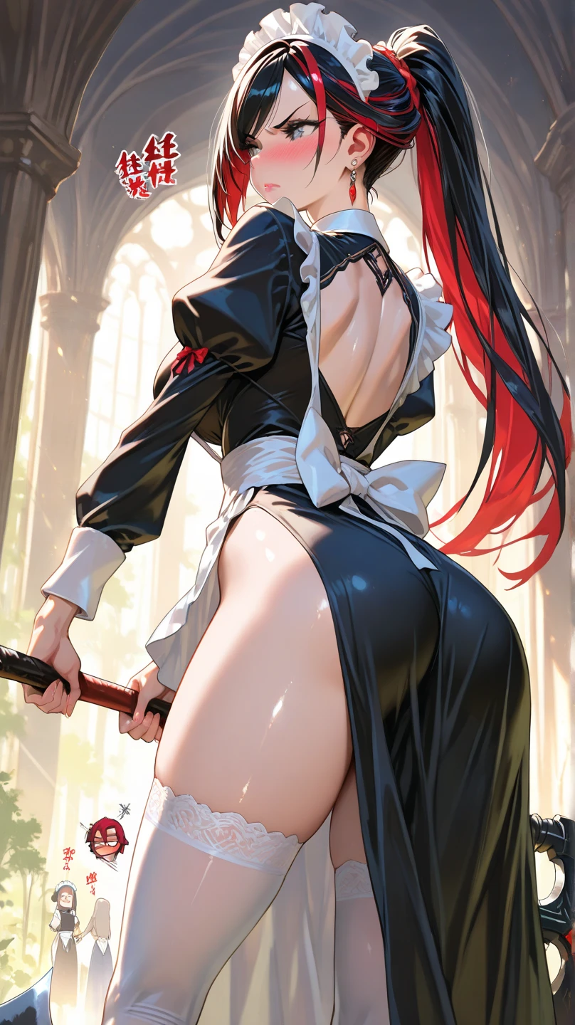 masterpiece, best quality, masterpiece, godlike quality, godlike art, highly detailed face, highly realistic, (((native American))), 1woman , curvy, black hair, long hair, coco skin. ((red bustier, red corset, red panties, black vertical stripes)), (black thigh high boots), black boots, (long gloves, black gloves). baths background , bent over, ass to camera, spank, being spanked, hand print on ass. Solo. one woman.