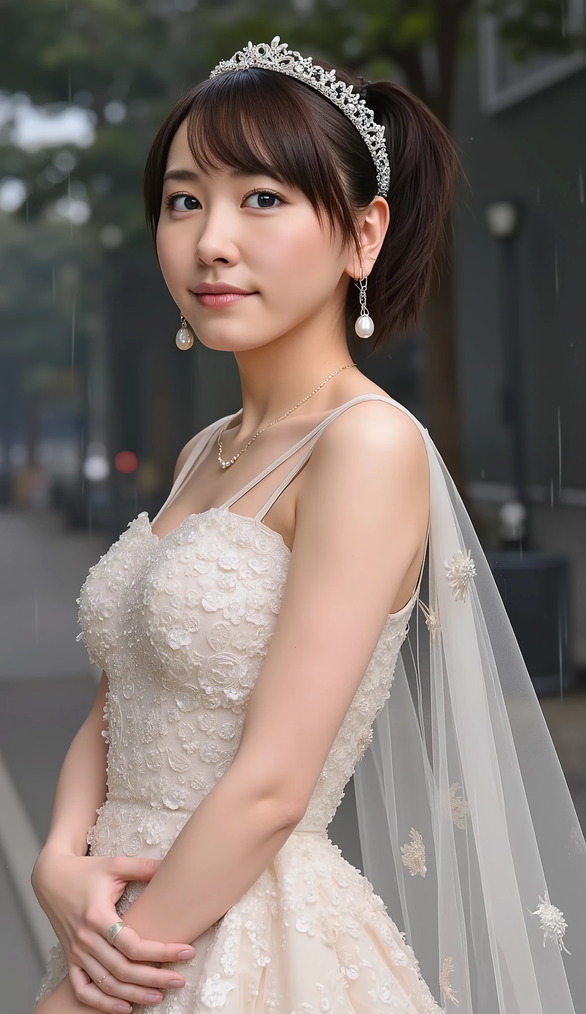 ((addielyn)), Random posture, (An extremely delicate and beautiful work), (masterpiece), 1girl, extremely detailed elegant wedding dress, tiara, highly detailed, ponytail contorted, charming expression, beautiful and clear eyes, green eye pupil, delicate necklace, delicate earrings, beautiful, charming, ultra-fine painting, delicate face, delicate figure, Fine collarbones, lovely lips, soft behind, mix4,(8k, RAW photo, best quality, masterpiece:1.2), (realistic, photo-realistic:1.37),1girl,cute,cityscape, night, rain, wet, professional lighting, photon mapping, radiosity, physically-based rendering, above waist, sweat skined:1.2, hyperrealistic skin detail, breast ((naked)), ((Best quality, 8k, Masterpiece :1.3)), 1girl, beautiful, soft breasts, Pretty woman with emphasizing slender abs :1.3, (Dark brown hair, Ponytail, Huge breasts :1.2), 1girl, beautiful woman with emphasis on slim abs: 1.3, (casual hairstyle, big breasts: 1.2), (full body:1.6), ultra-detailed face, delicate eyes, double eyelids, soft breasts, smile, cute moles under left eyes,