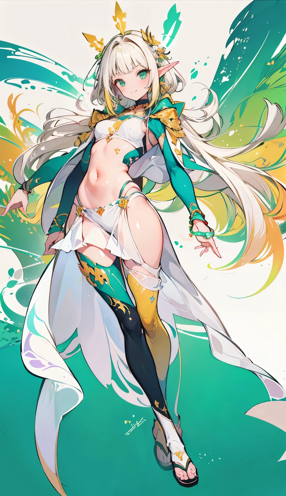tan lines, black skin, huge breasts, Phoenix background, green hairs, curved hips, red eyes, white leggings, glowing effect, priest, healer, fantasy, gold ornament, full body view, walking, magical weapon in hand