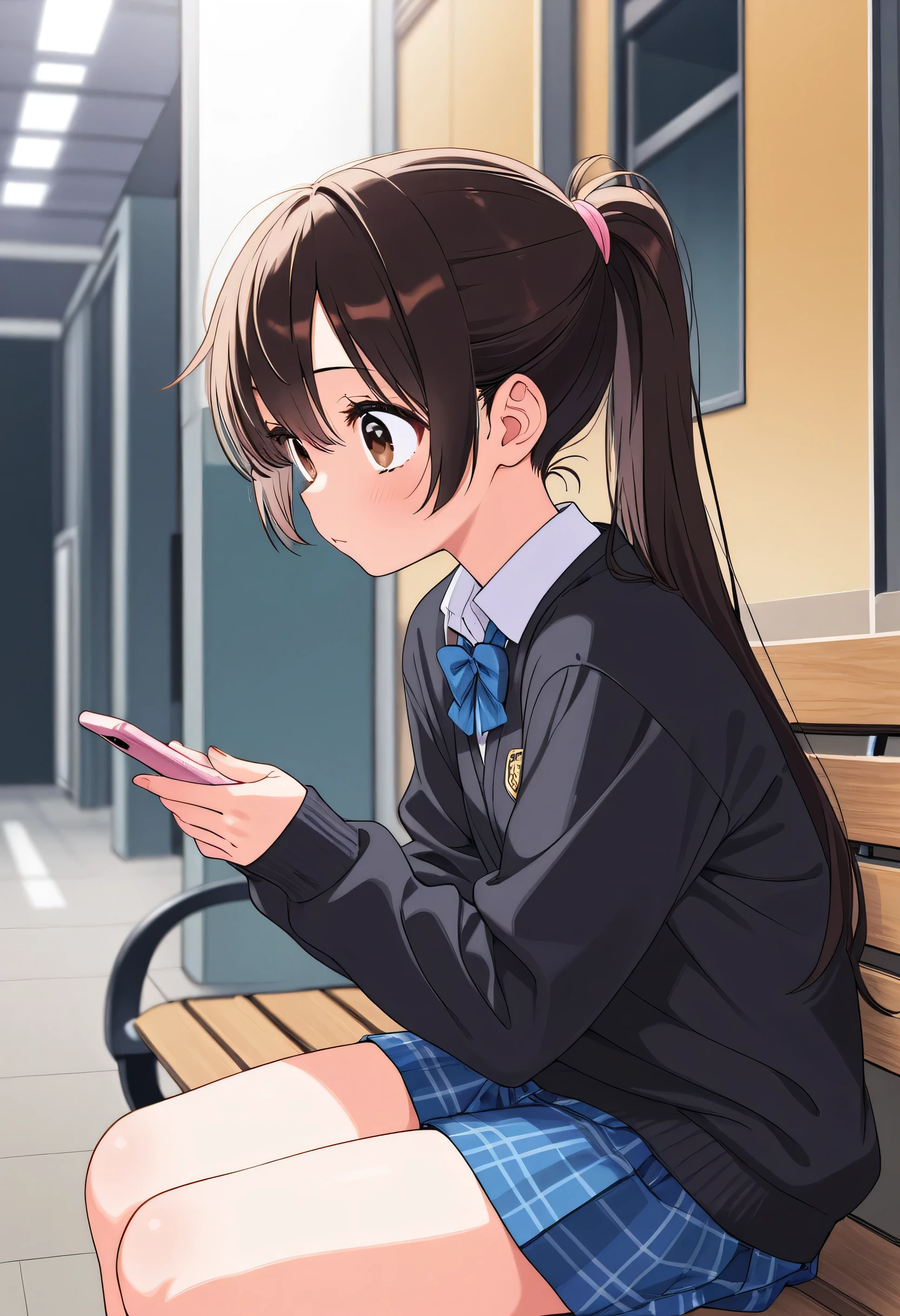 #Quality(8k、best image quality、best image quality、best image quality、masterpiece、Cinematic)、solo、# 1 girl (cute、cute、Tiny s、Under black hair、brown hair、ponytail hair、long hair、brown eyes、big eyes、sit on a bench、where one-third of the body can be closely seen、I'm looking at my cell phone、JK、 high 、look away、boredom)、#background(Station of the Future)、Long Shots、wide shot、 from side