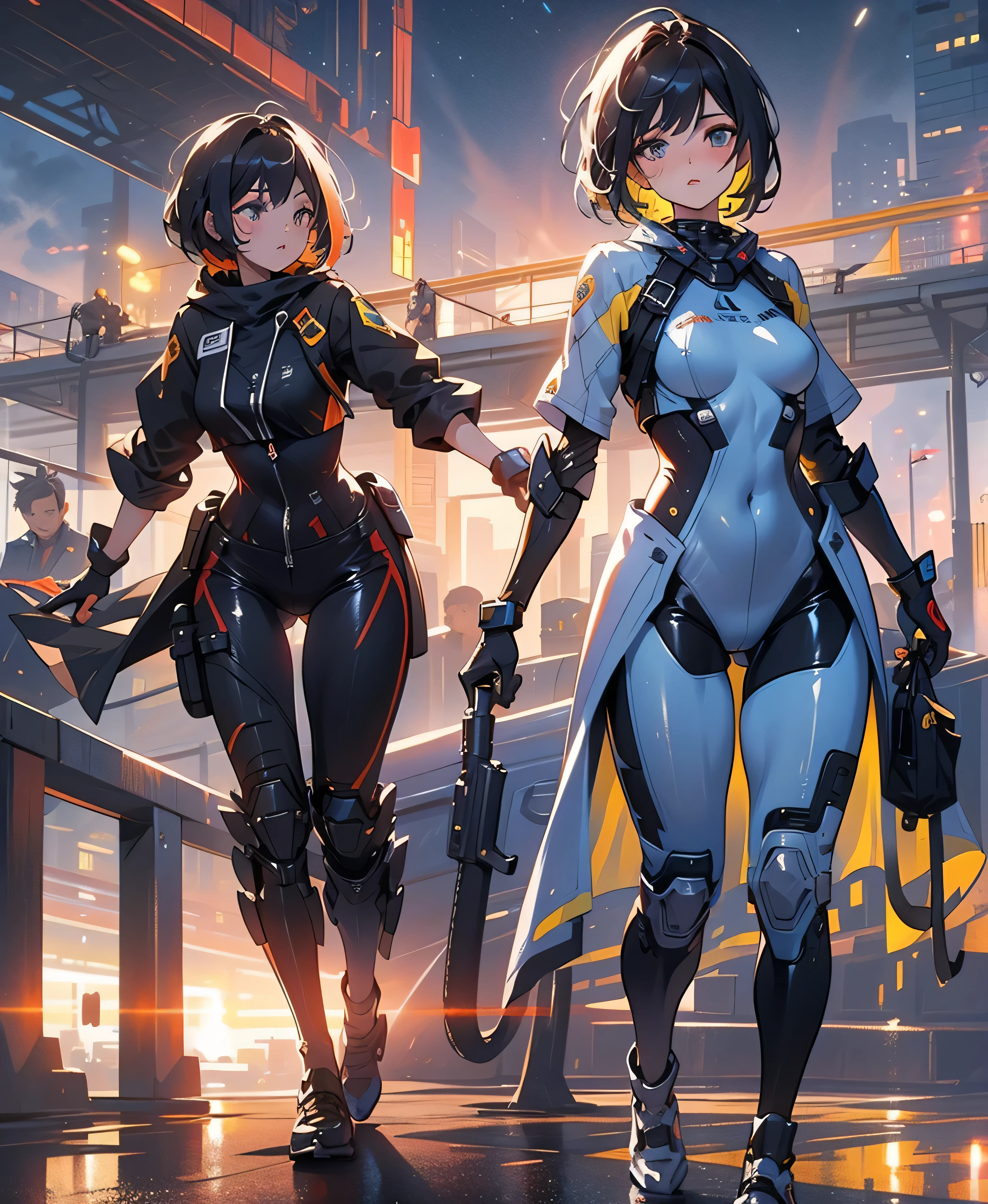 1female, young adult, tan skin, big breast, finely detailed coral eyes, wild medium hair, lavender hair, pigtails, full body combat suits, standing on ruined building, night time, excited expression