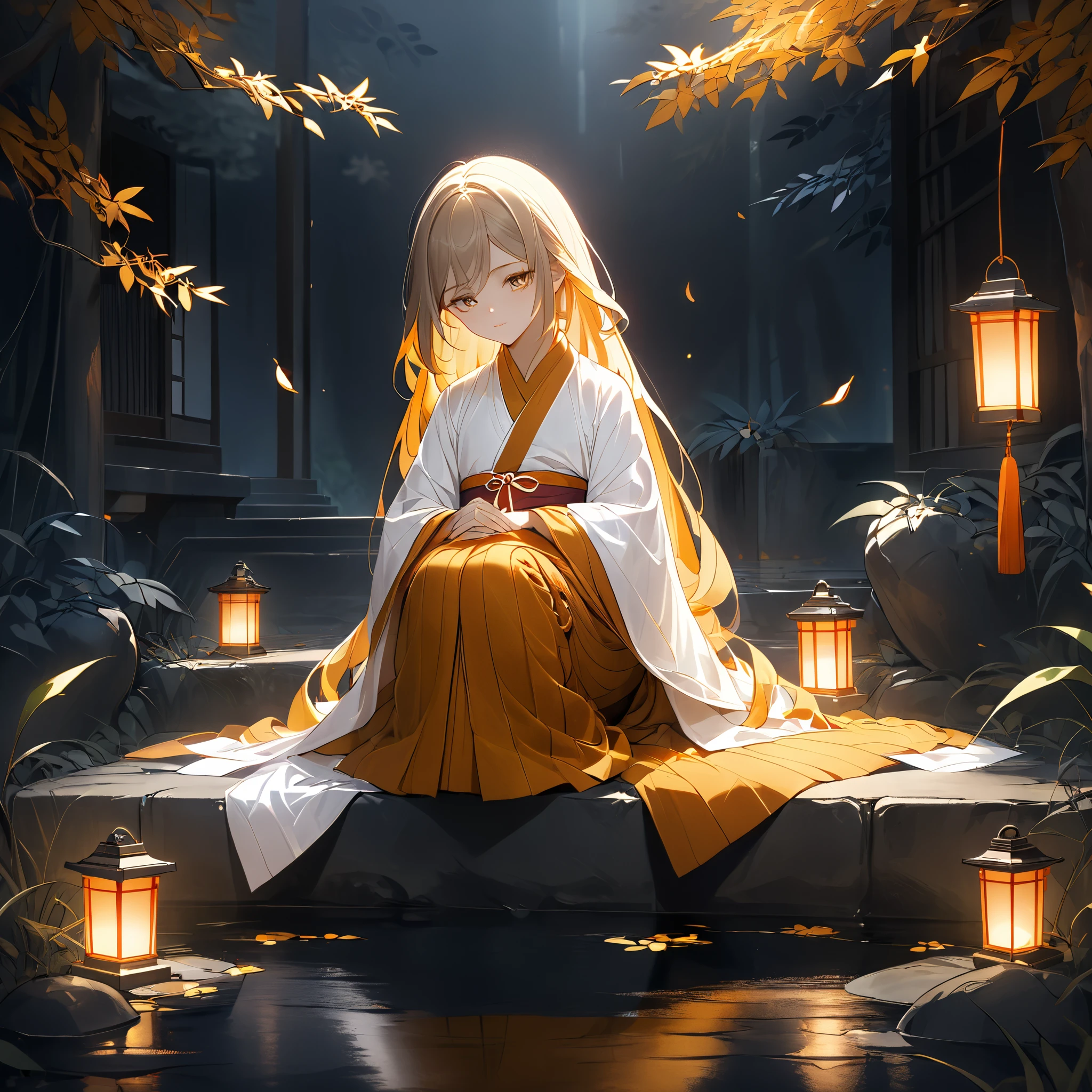 A young girl wearing a traditional Thai Buddhist monk's robe in white, accented with deep saffron or ochre stripes. The robe is wrapped authentically in the Thai Theravāda style. She has long, flowing hair that contrasts with her monk-like attire. Her expression is serene yet melancholic, her deep, soulful eyes reflecting quiet loneliness and introspection.
A small lantern beside her casts a soft, flickering glow, its warm light barely pushing back the surrounding darkness. Falling leaves or petals drift aimlessly in the still air, mirroring her unspoken thoughts. Her posture is calm, yet there’s a subtle weight in her stance, as if lost in deep contemplation. She exudes the INFJ personality—thoughtful, empathetic, and quietly distant, as if understanding unseen truths that separate her from the world