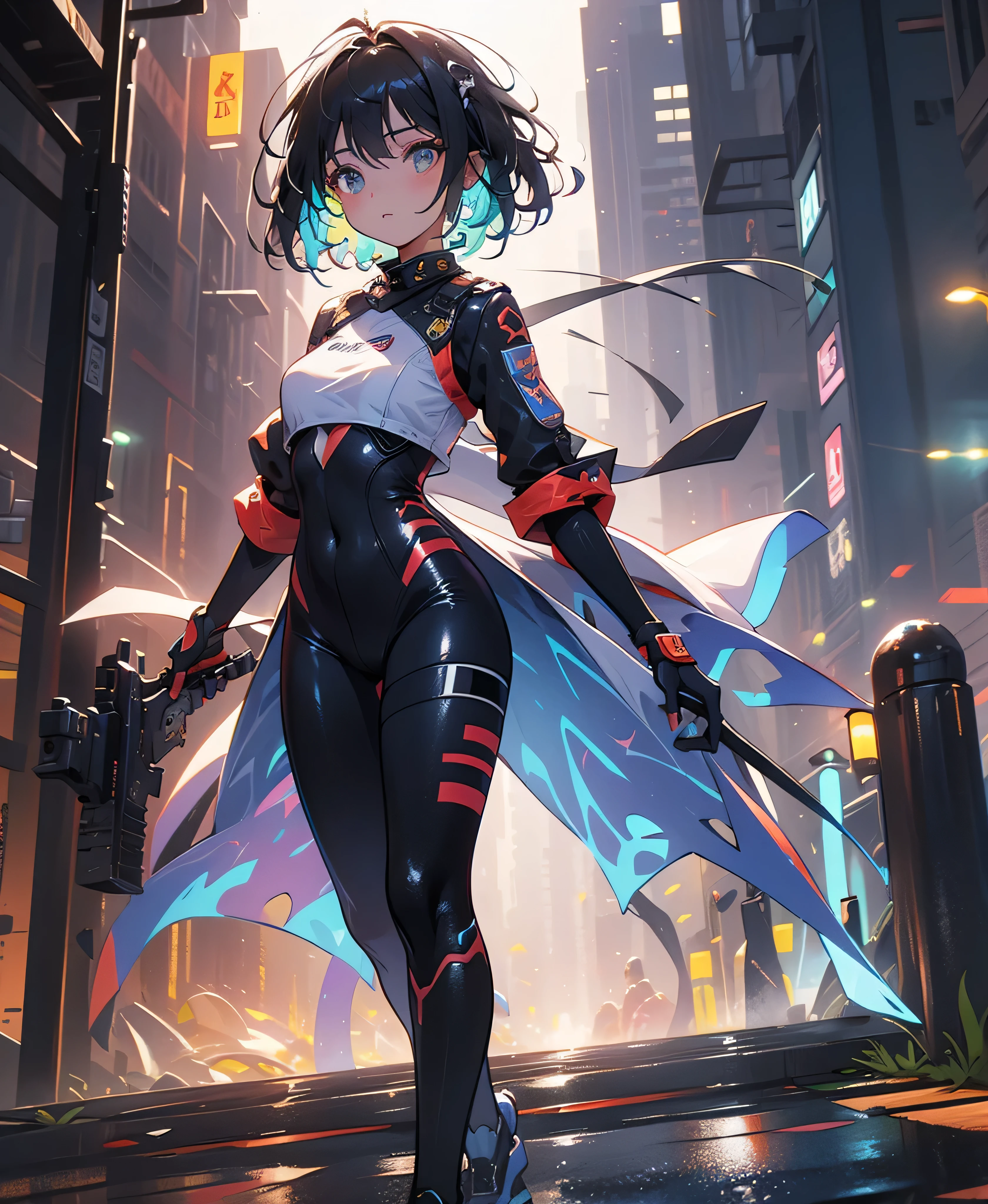 ultra-absurdres-Top quality by artist God, ultra-detailed, high resolution, anime moe artstyle, best anime 8k konachan wallpaper, pixiv contest winner, pool:2810, perfect anatomy,break, 1girl, (Please draw a girl dynamic action on skyscraper alone. )break,(Solo,little female, 16-year-old:1.3),Full limbs, complete fingers, cyberpunk, (very short hair), pixie cut, medium breasts, beautiful (well-shaped) breasts, groin, butt, small black eyes, beautiful detailed eyes, well-proportioned iris and pupils, expressive eyes, highres detailed hair, expressionless, (bodysuit, plugsuit), (Detailed Lighting), (Detailed background), in the cityscape. break,super detailed skin, Best sexual lighting powered by famous artist, 8k,beauty illustration,photoshop_(medium),very aesthetic,break,((artist:izumi_tsubasu )), artist:clamp ,artist:carnelian ,artist:kantoku ,