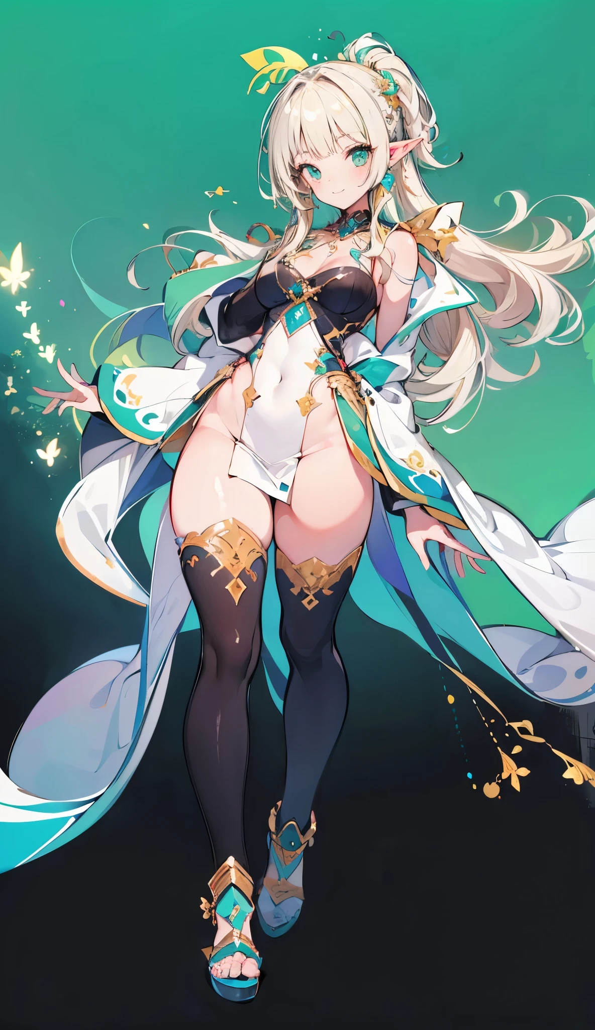 Elf woman, long silver hair, silky and shiny, bright and detailed blue eyes, bursting breasts, fleshy and red laboratory, pointed elf ears, flower details in hair, dress made of green leaves, black lace stockings, high heels, detailed, high resolution, HD 4K 8K, full body