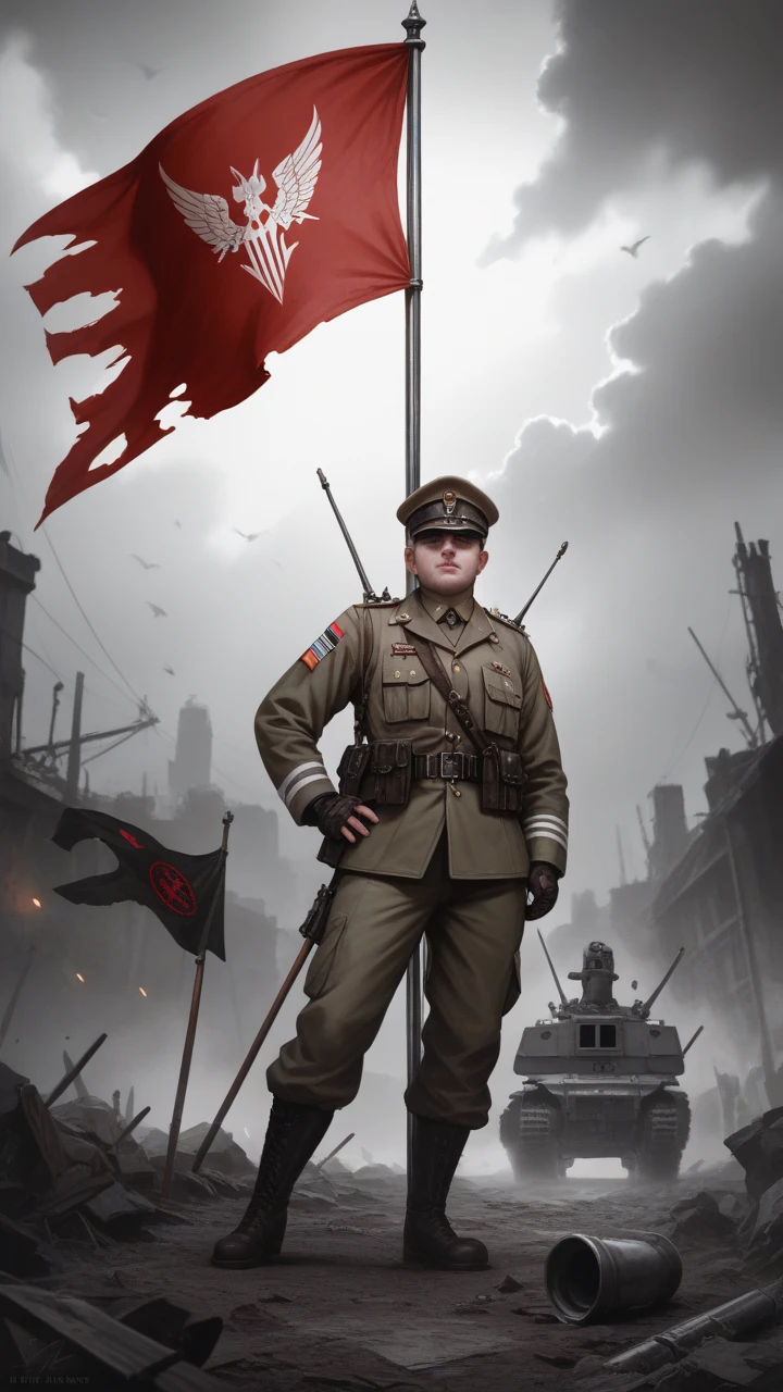 in the middle of combat, red army soldier waving flag,(masterpiece:1.2), (illustration:1.2) ,(best quality) ,(detailed) ,(intricate), (8k) ,(HDR), (cinematic lighting), (sharp focus),red flag,militaly kark winter coat,