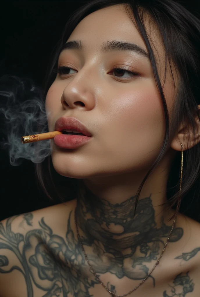 Hyper Realistic Photo, 18 years-old Tattooed Indonesian Girls, chilling on a sofa, wearing Red Lace Lingerie. ((smoking a cigarette : 1.2)). Top Body Shot, Capture by Canon EOS-1D X Mark III Canon EF 24-70mm f/2.8L II USM, Cinematic Light, Dual exposure, Extremely Detail. 8k.