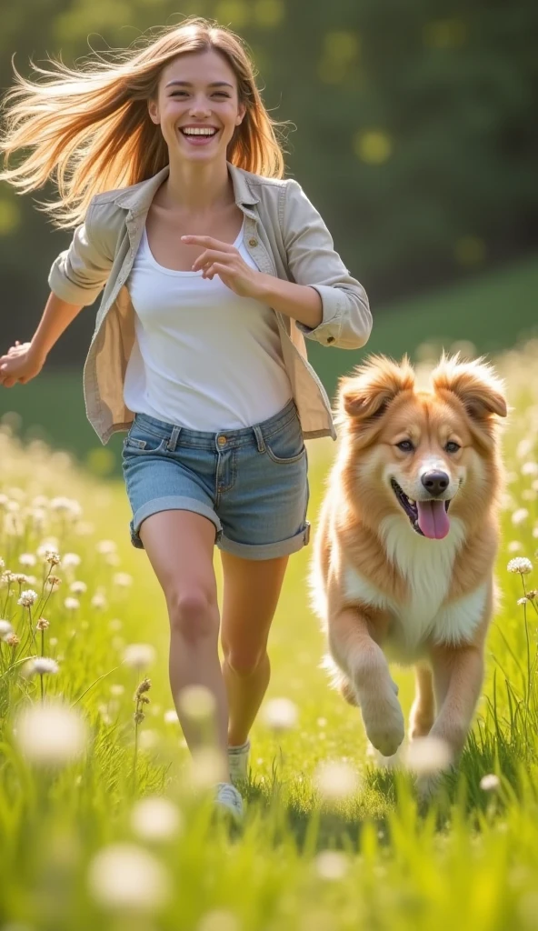 A dog is chasing behind a beautiful girl running with a smile