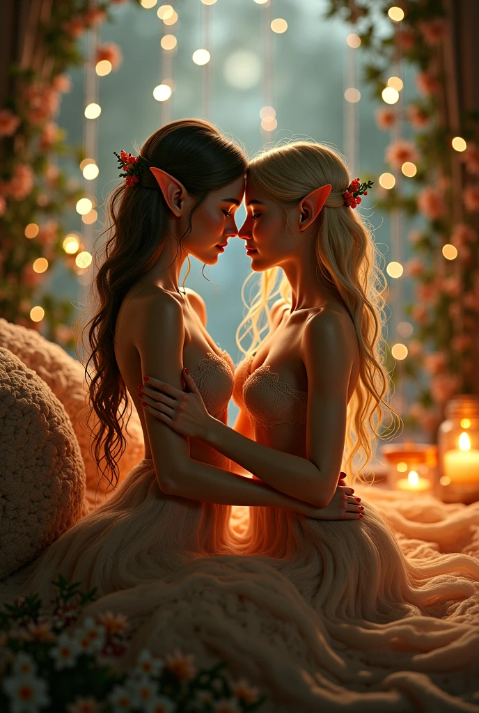 NSFW, (masterpiece, best quality:1.5), oil painting by Leonardo da Vinci and Alfons Maria Mucha, (perfect anatomy:1.2), two gorgeous and stunning pale-skinned young pregnant goddesses is deeply in love with each other, kiss, fantastic make-up, jewelry, romantic atmosphere, snow and moon, magnificent panorama view