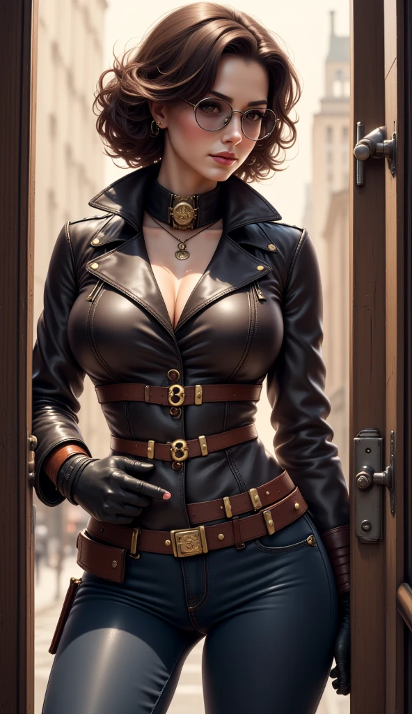 portrait of Steampunk short colored hair Indonesian woman, curvy muscular, seductive face, wearing Velvet blazer, hoops earing, corset, cross necklace,steampunk accessories. she poses seductively on the city street. HDR, 4K, High saturation