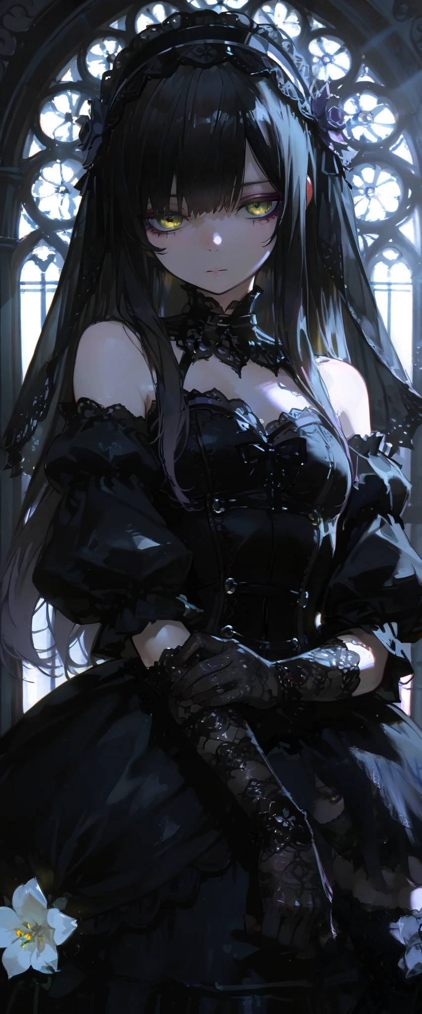 top quality , masterpiece, 748cm style , 1 girl, , viewers, , gradient hair, black hair, long hair, yellow eyes , gothic dress, black dress, gothic veil, lace gloves, bridal veil, looking at viewer, gothic background, perfect waist, standing, eyelevel shots, lace gloves, puffy sleeves, dynamic light, lighting, backlight, flowers, flower, gothic make up, eyeliner, shoulder, bare shoulders