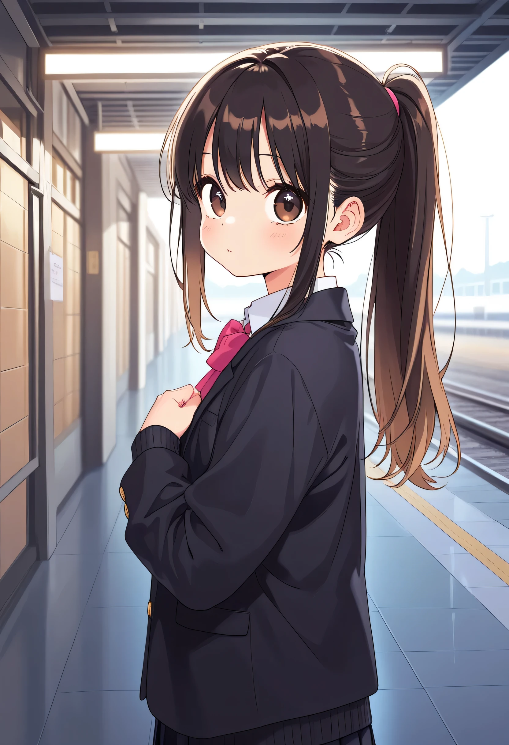 #Quality(8k、best image quality、best image quality、best image quality、masterpiece、Cinematic)、solo、# 1 girl (cute、cute、Tiny s、Under black hair、brown hair、ponytail hair、long hair、brown eyes、big eyes、where one-third of the body can be closely seen、JK、 high 、look away、boredom)、#background(Station of the Future)、Long Shots、wide shot