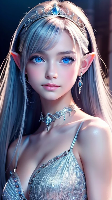 Superb Quality, Masterpiece, High Resolution, 1 Elf Girl, Blush, (Seductive Smile: 0.8), Long Pointy Ears, Long Silver Hair filled with Jeweled Accessories, Necklace, Jewelry, Beauty, on_body, Tyndall Effect, Revealing Silk Armor, Realistic, Shadow Room, Light Edge, Two-tone Lighting, (High Detail Skin: 1.2), 8K UHD, SLR, Soft Light, High Quality, Volume Lighting, Candid Photo, High Resolution, 4K, 8K, Background Blur