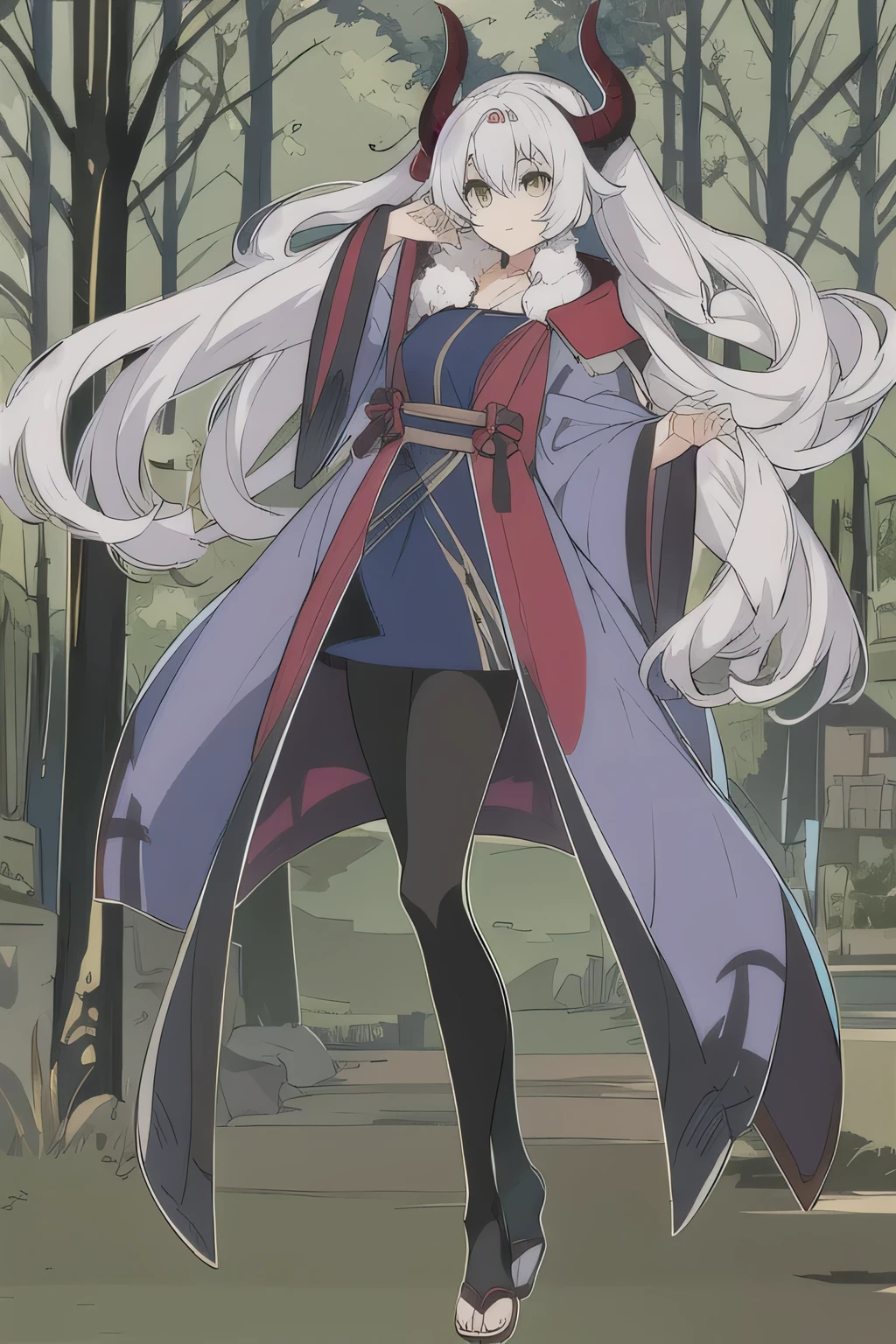 Anime character design, perfect body, full body, Ronin female with twin tail white hair (has a red horn) wearing a blue robe and black leggings,  [ Character design ], pretty anime character design, ( ( concept art of character ) ), interesting character design, high-quality character design, Great character design, arknight, character design art, Highly detailed character design, anime character reference sheet