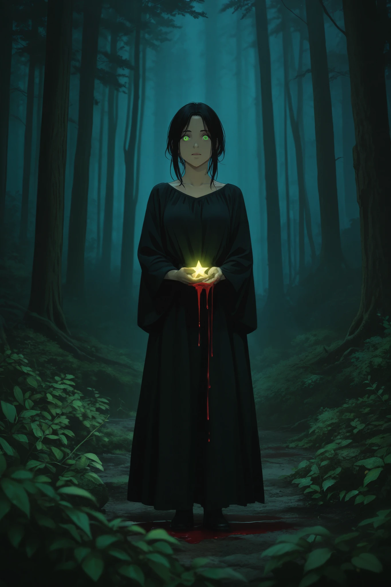 Une femme de 24 ans au cheveux noir très long avec des yeux vert , dans une forêt de citron des mains autours d’elle avec du sang. 