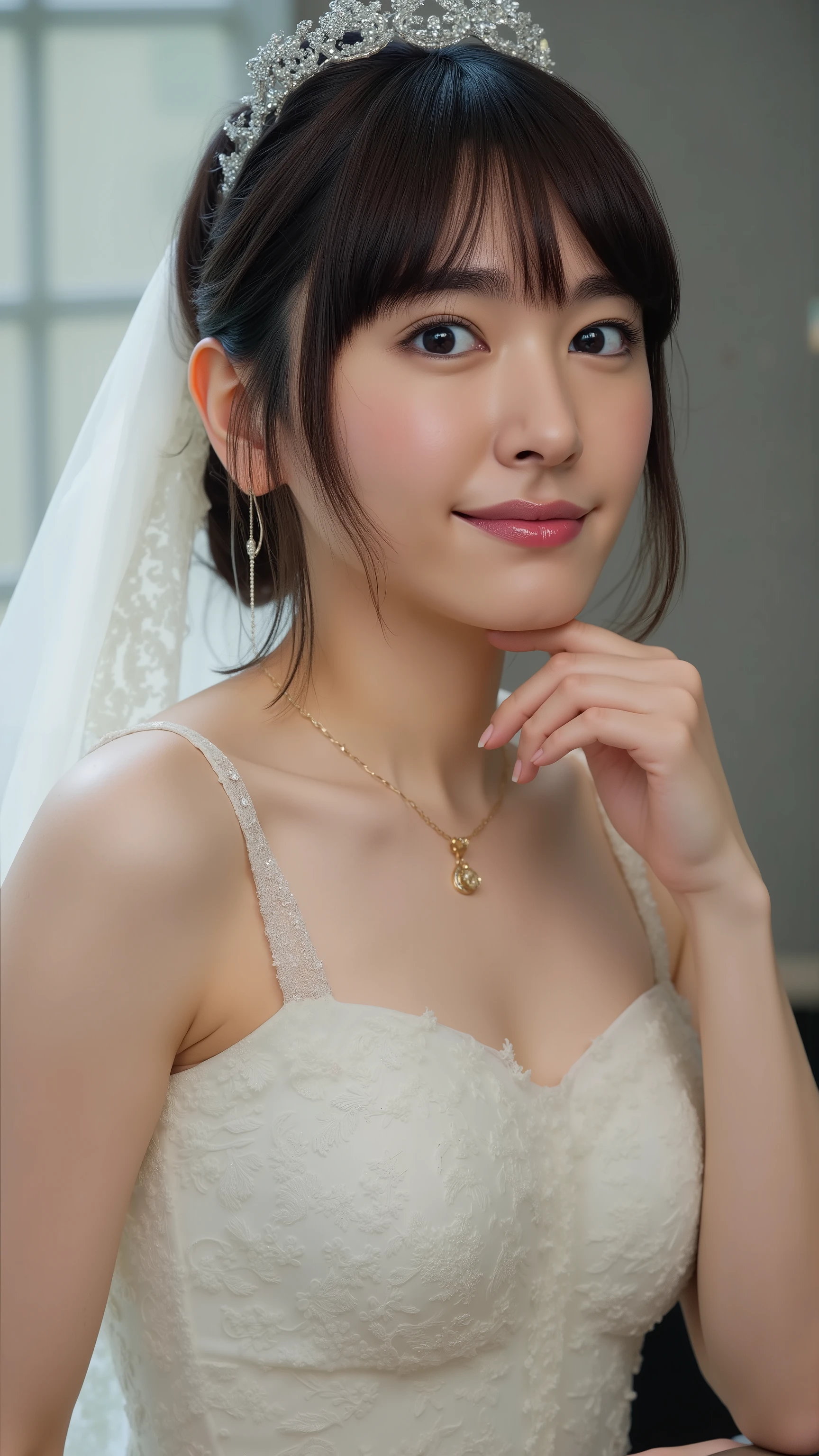 ((addielyn)), Random posture, (An extremely delicate and beautiful work), (masterpiece), 1girl, extremely detailed elegant wedding dress, tiara, highly detailed, ponytail contorted, charming expression, beautiful and clear eyes, green eye pupil, delicate necklace, delicate earrings, beautiful, charming, ultra-fine painting, delicate face, delicate figure, Fine collarbones, lovely lips, soft behind, mix4,(8k, RAW photo, best quality, masterpiece:1.2), (realistic, photo-realistic:1.37),1girl,cute,cityscape, night, rain, wet, professional lighting, photon mapping, radiosity, physically-based rendering, above waist, sweat skined:1.2, hyperrealistic skin detail, breast ((naked)), ((Best quality, 8k, Masterpiece :1.3)), 1girl, beautiful, soft breasts, Pretty woman with emphasizing slender abs :1.3, (Dark brown hair, Ponytail, Huge breasts :1.2), 1girl, beautiful woman with emphasis on slim abs: 1.3, (casual hairstyle, big breasts: 1.2), (full body:1.6), ultra-detailed face, delicate eyes, double eyelids, soft breasts, smile, cute moles under left eyes,
