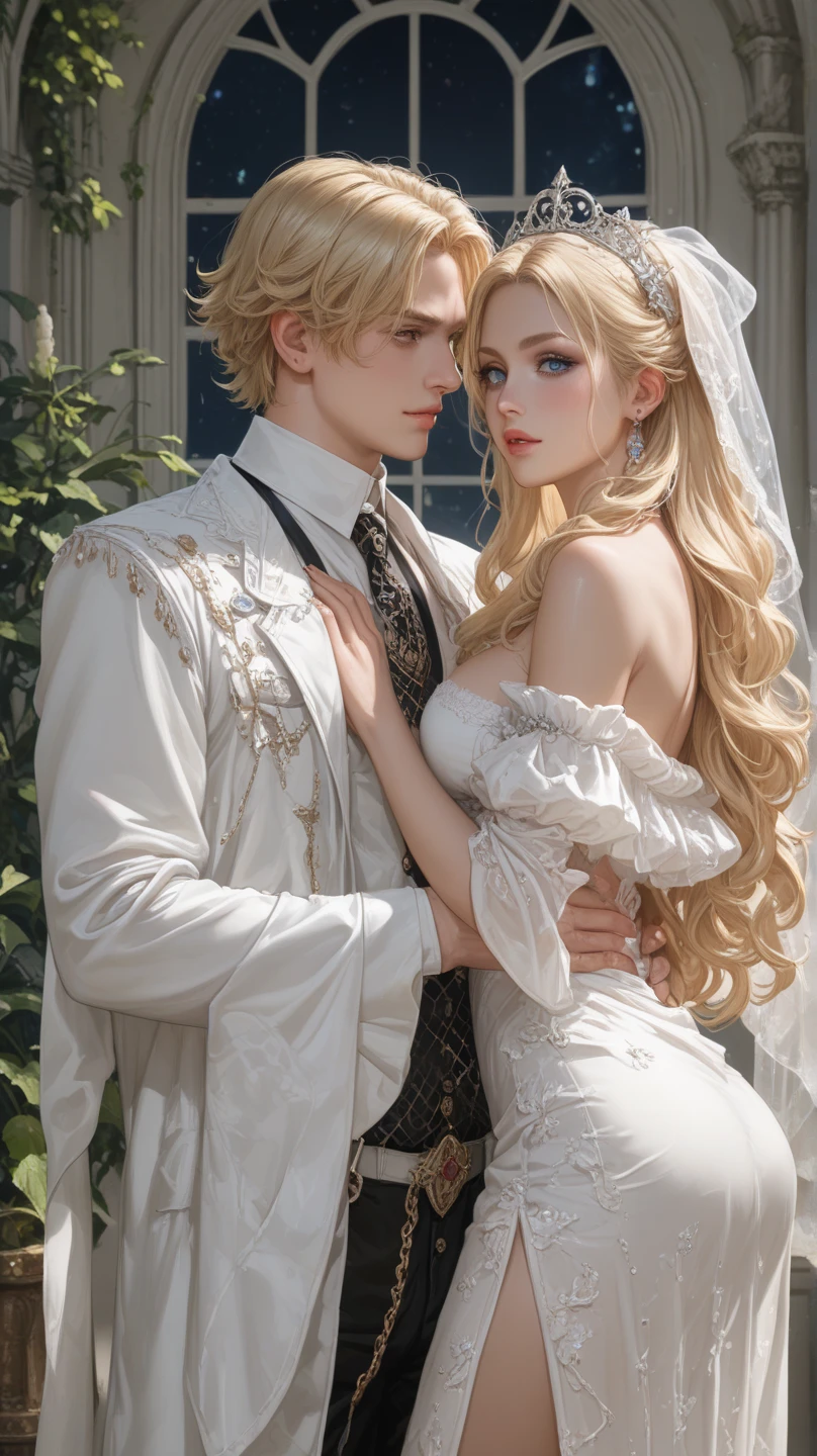 (Masterpiece - Ultra-detailed, very high resolution) Prepare to be enchanted by a true masterpiece that combines ultra-detailed art with high-resolution rendering. This work depicts a mesmerizing woman with very long blond hair (1.3) and captivating light blue eyes (1.2), emanating an aura of elegance and mystery in Victorian settings. The intricate details and realistic textures invite you to explore every aspect of this enchanting composition. Woman wearing beautiful classic Victorian costume from the year 1878. Red lips. Happy face. Smiling. (white dress). Dancing lightly, upper body, dynamic poses. Get ready to dive into a world where beauty and craftsmanship merge perfectly. kissing a man.